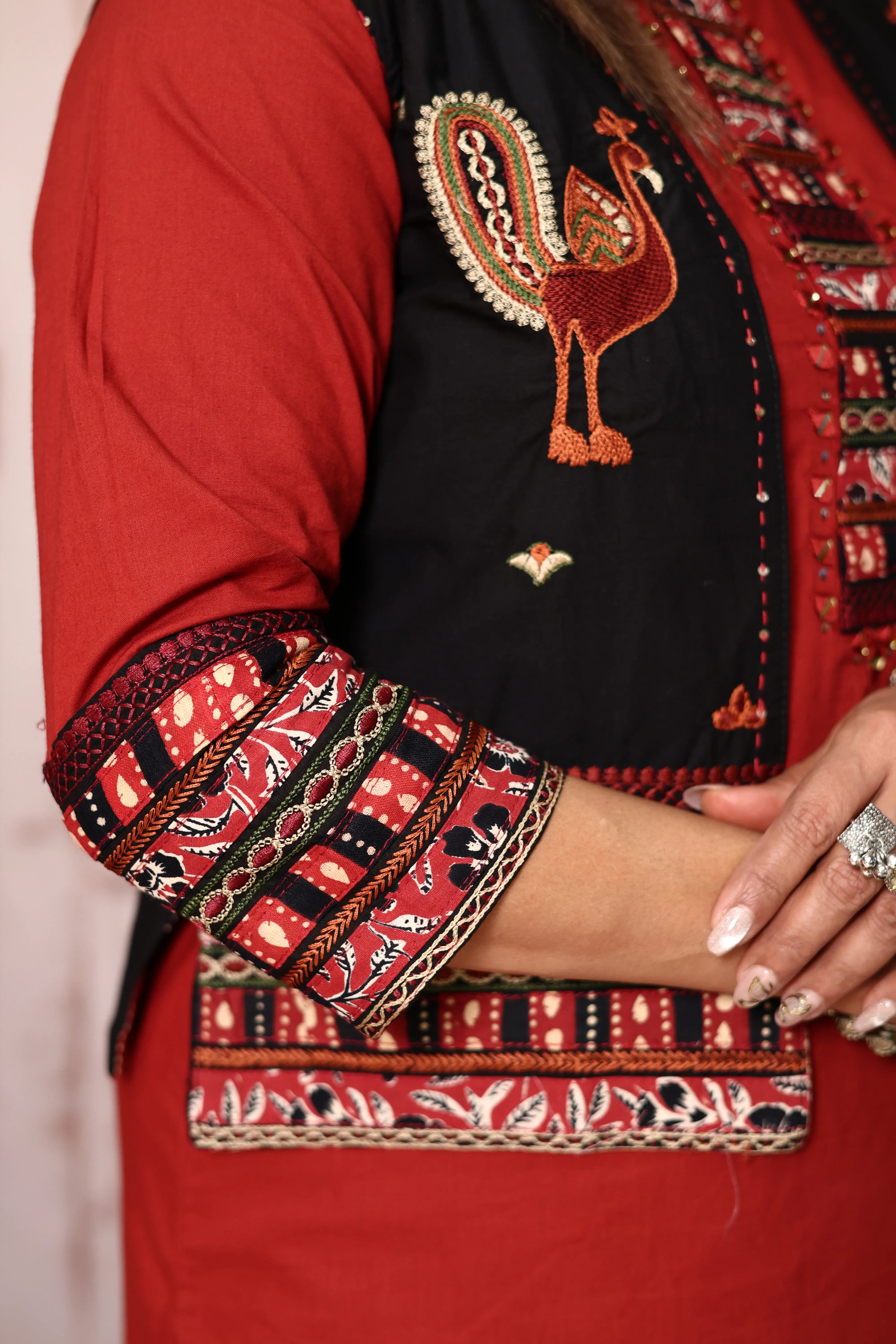 Cherry Red Cotton Straight Kurti Palazzo Set with Embroidered Jacket