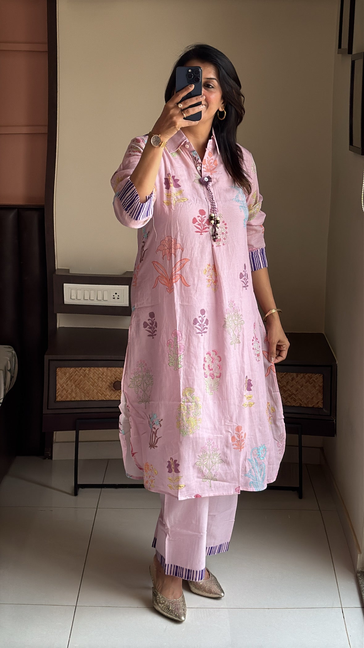 Thulian Pink Apple Cut Kurti with Detachable Inner & Palazzo Set | Floral Print | Pure Mul Chanderi