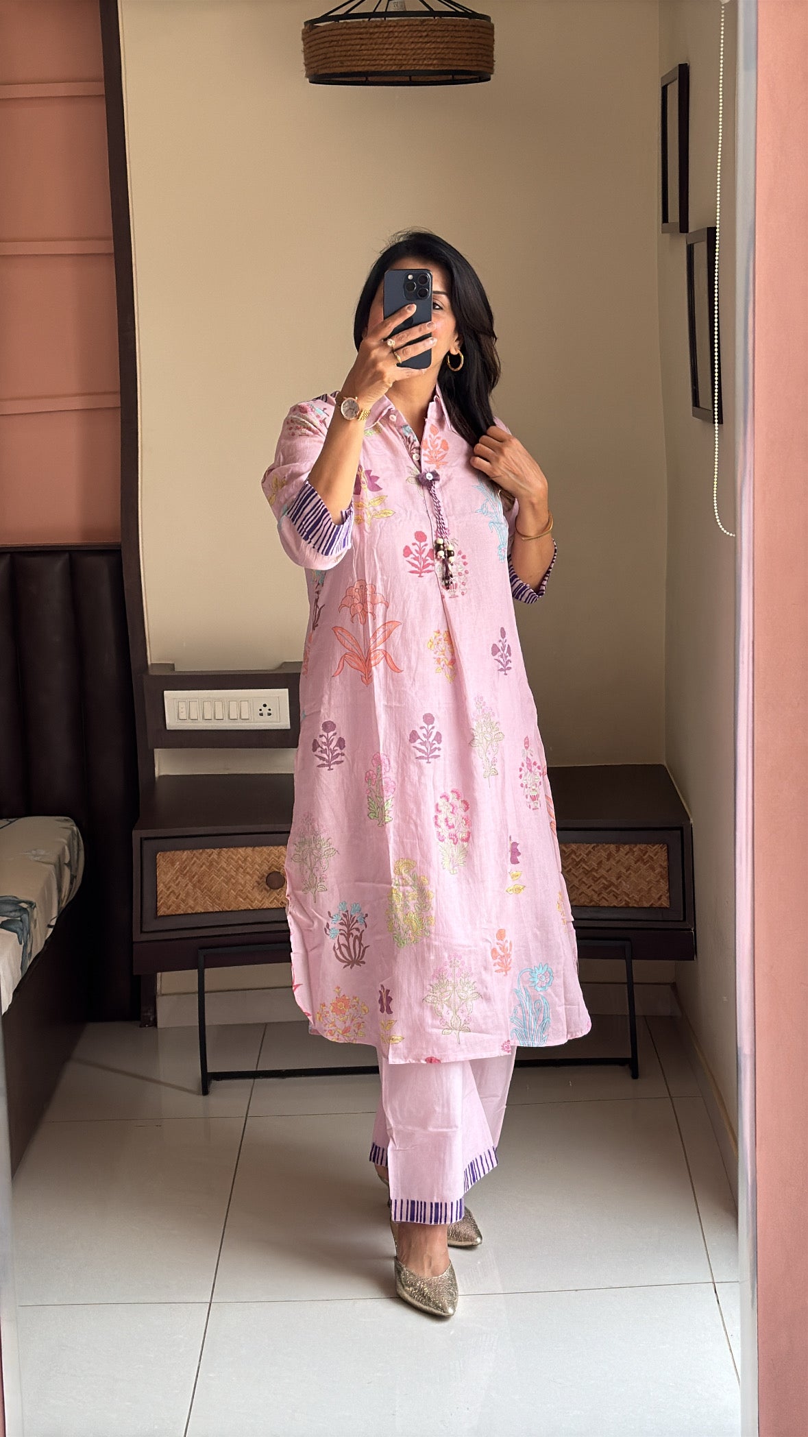Thulian Pink Apple Cut Kurti with Detachable Inner & Palazzo Set | Floral Print | Pure Mul Chanderi