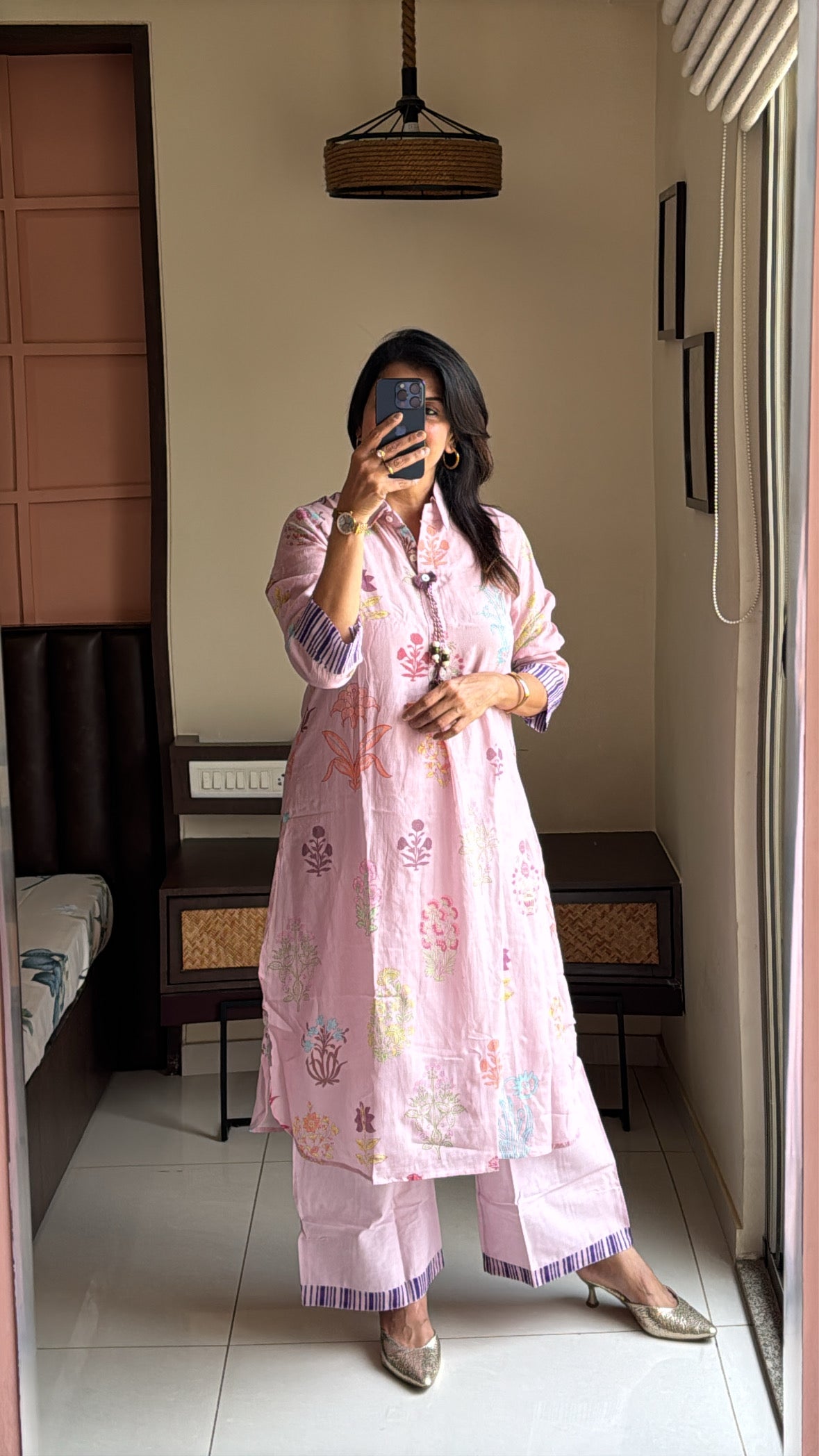 Thulian Pink Apple Cut Kurti with Detachable Inner & Palazzo Set | Floral Print | Pure Mul Chanderi