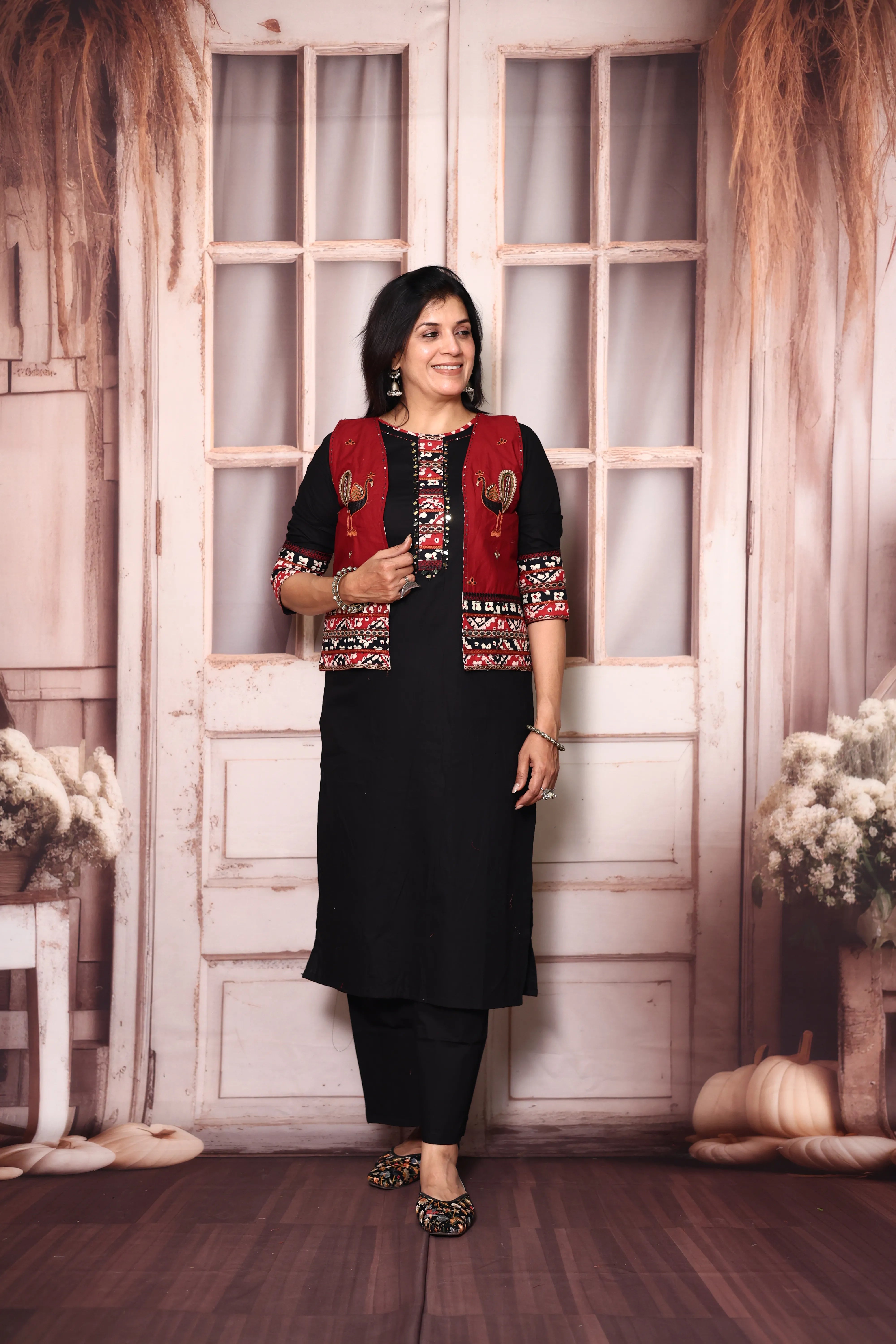 Black Cotton Straight Kurti Palazzo Set with Embroidered Jacket