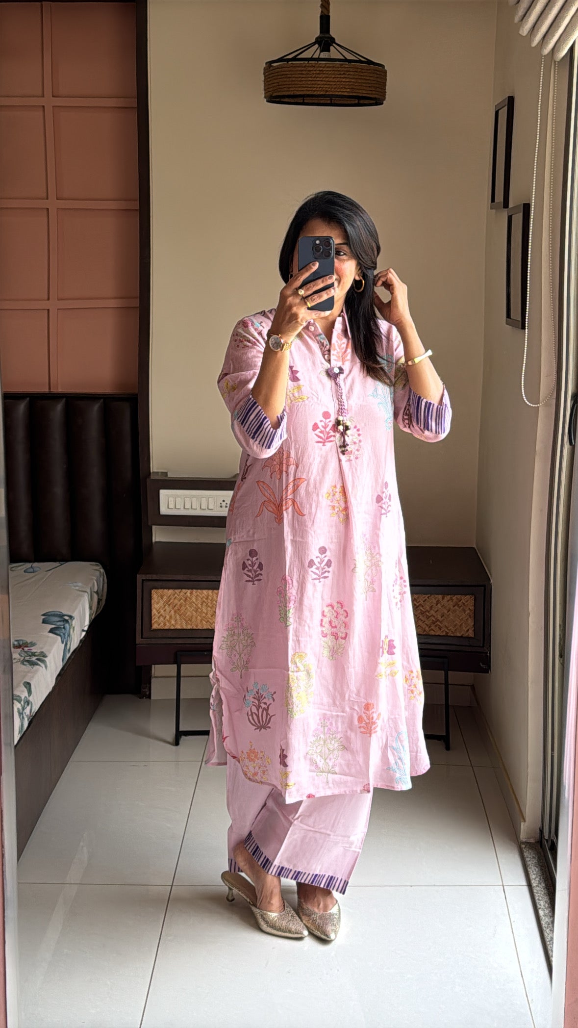 Thulian Pink Apple Cut Kurti with Detachable Inner & Palazzo Set | Floral Print | Pure Mul Chanderi