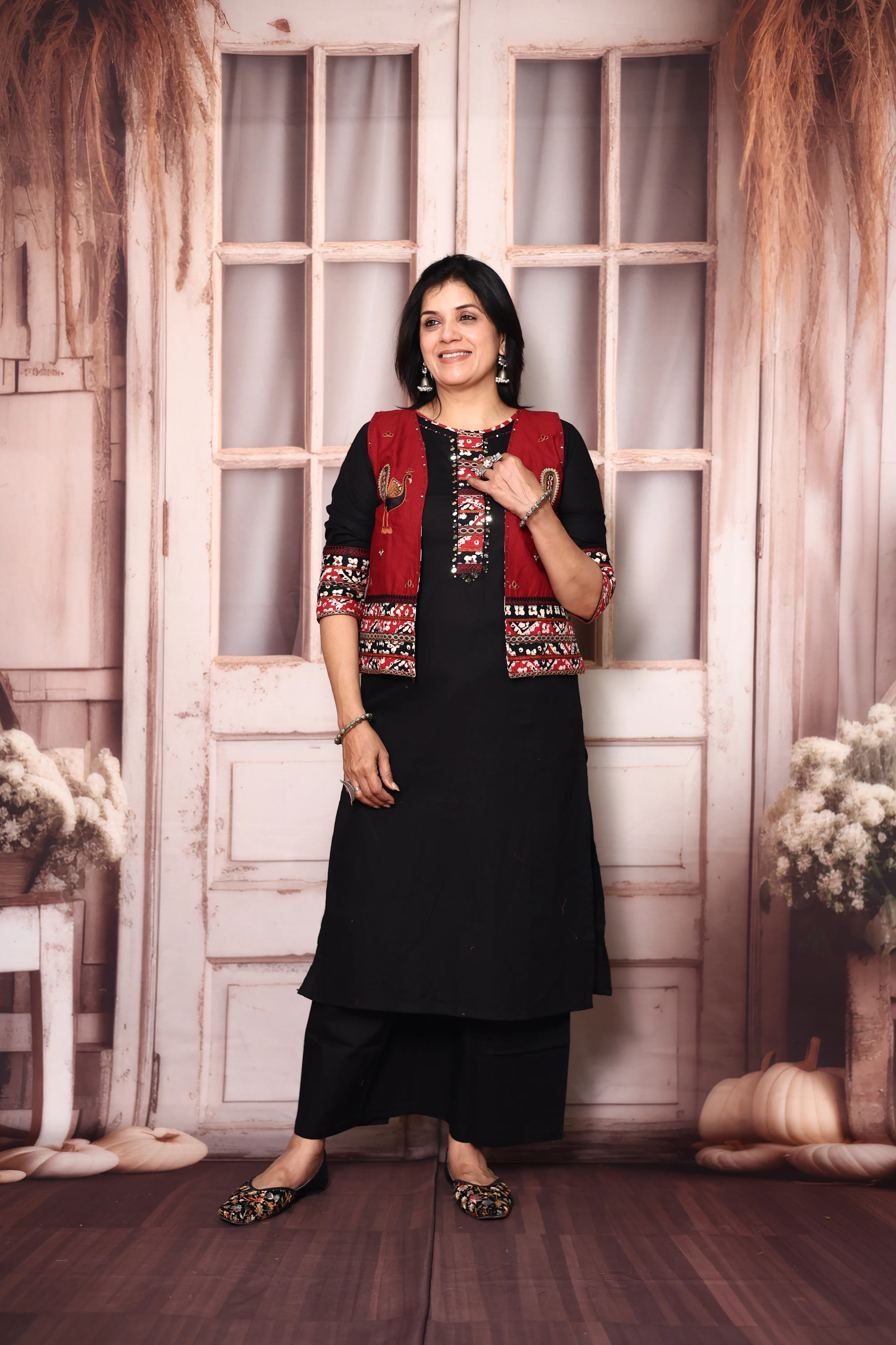 Black Cotton Straight Kurti Palazzo Set with Embroidered Jacket