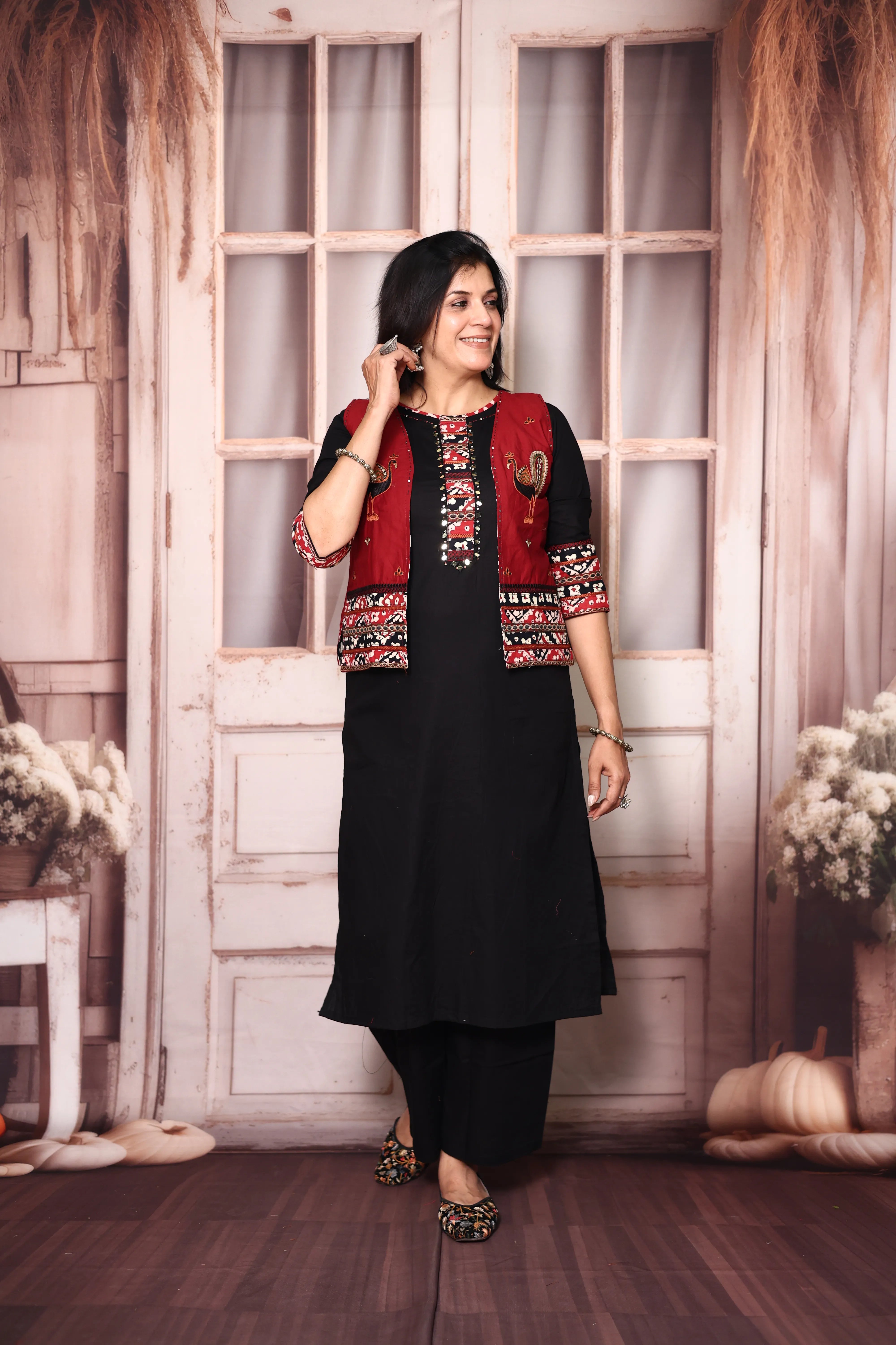 Black Cotton Straight Kurti Palazzo Set with Embroidered Jacket