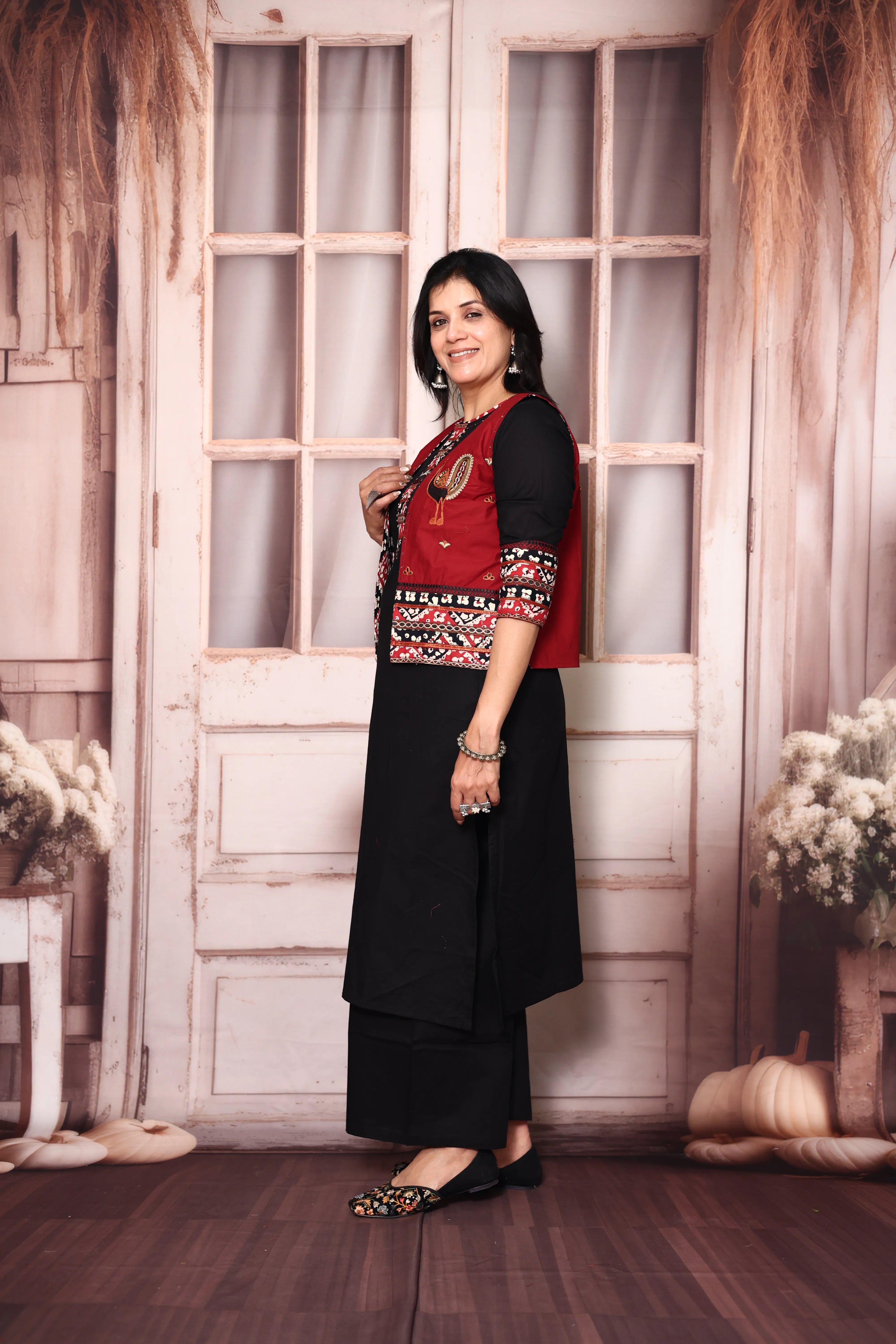 Black Cotton Straight Kurti Palazzo Set with Embroidered Jacket