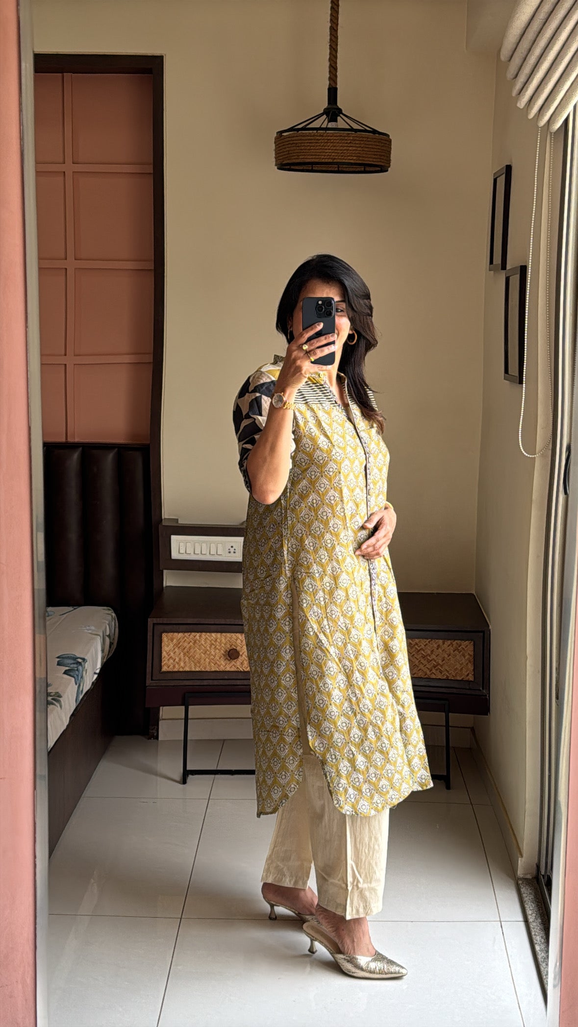 Olive & Beige Apple Cut Kurti with Detachable Inner & Palazzo Set | Kalamkari Print | Pure Mul Chanderi