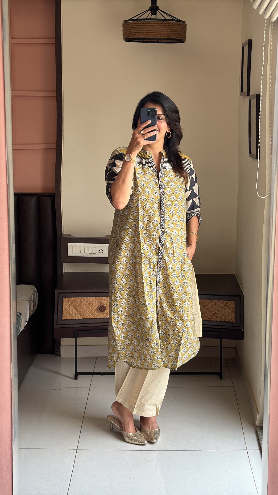 Olive & Beige Apple Cut Kurti with Detachable Inner & Palazzo Set | Kalamkari Print | Pure Mul Chanderi