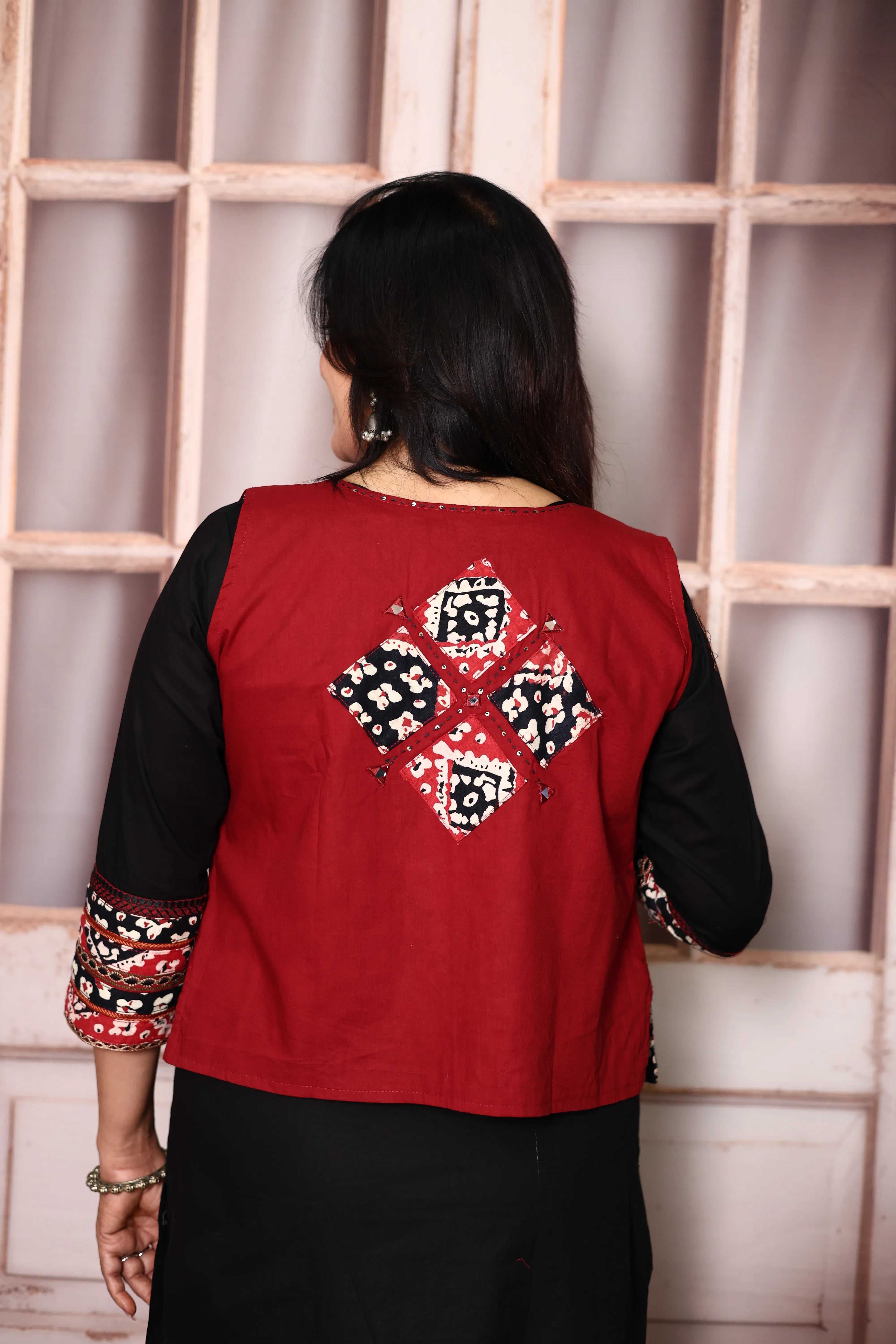 Black Cotton Straight Kurti Palazzo Set with Embroidered Jacket