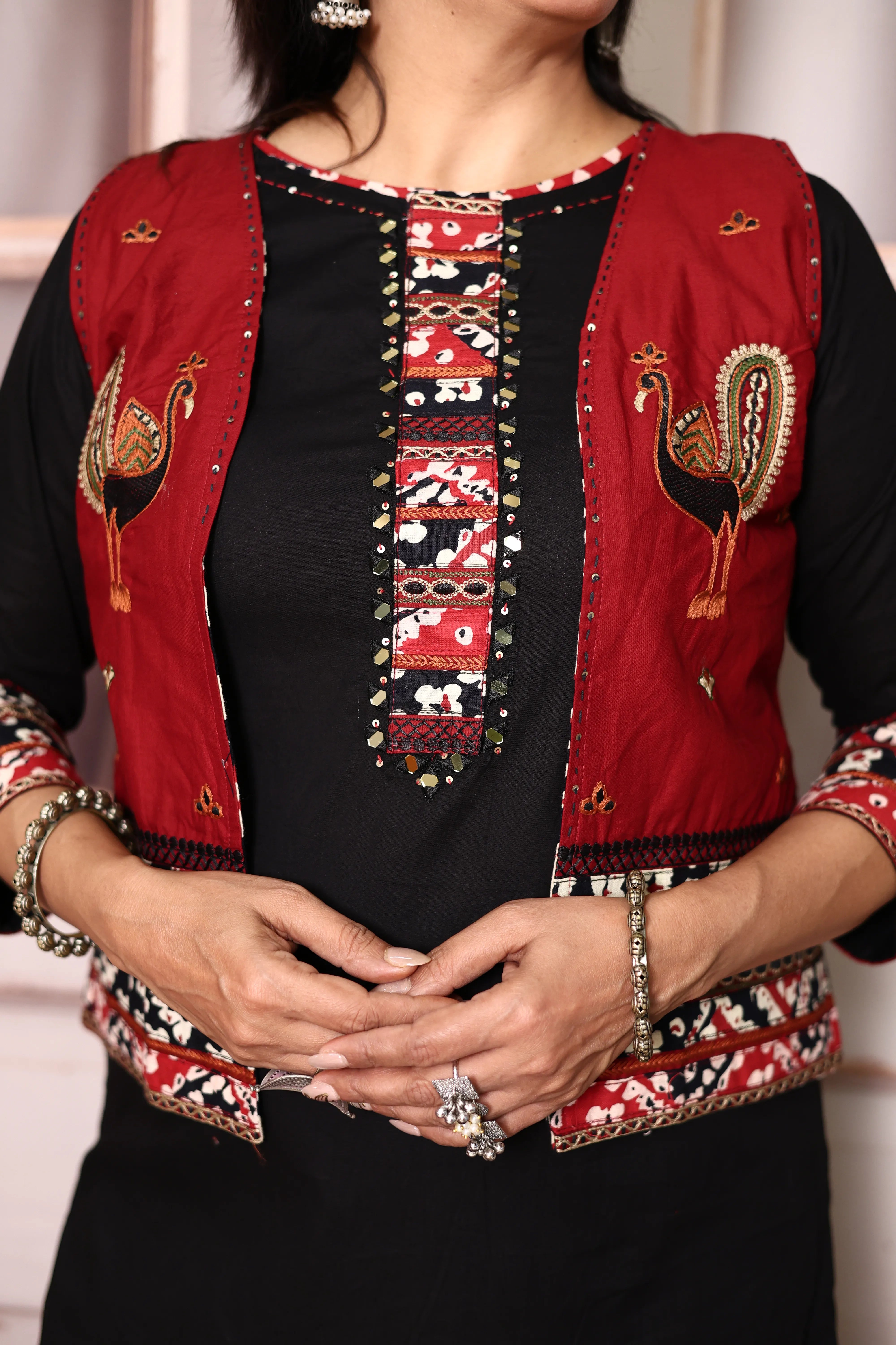 Black Cotton Straight Kurti Palazzo Set with Embroidered Jacket
