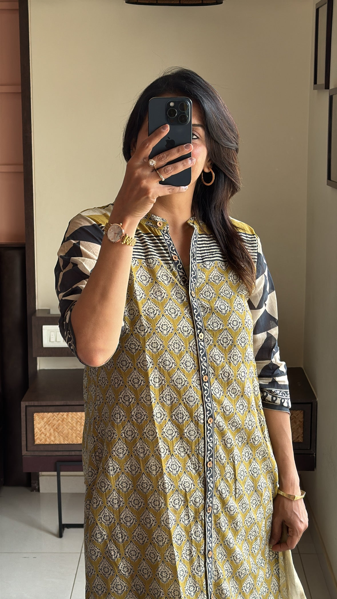 Olive & Beige Apple Cut Kurti with Detachable Inner & Palazzo Set | Kalamkari Print | Pure Mul Chanderi