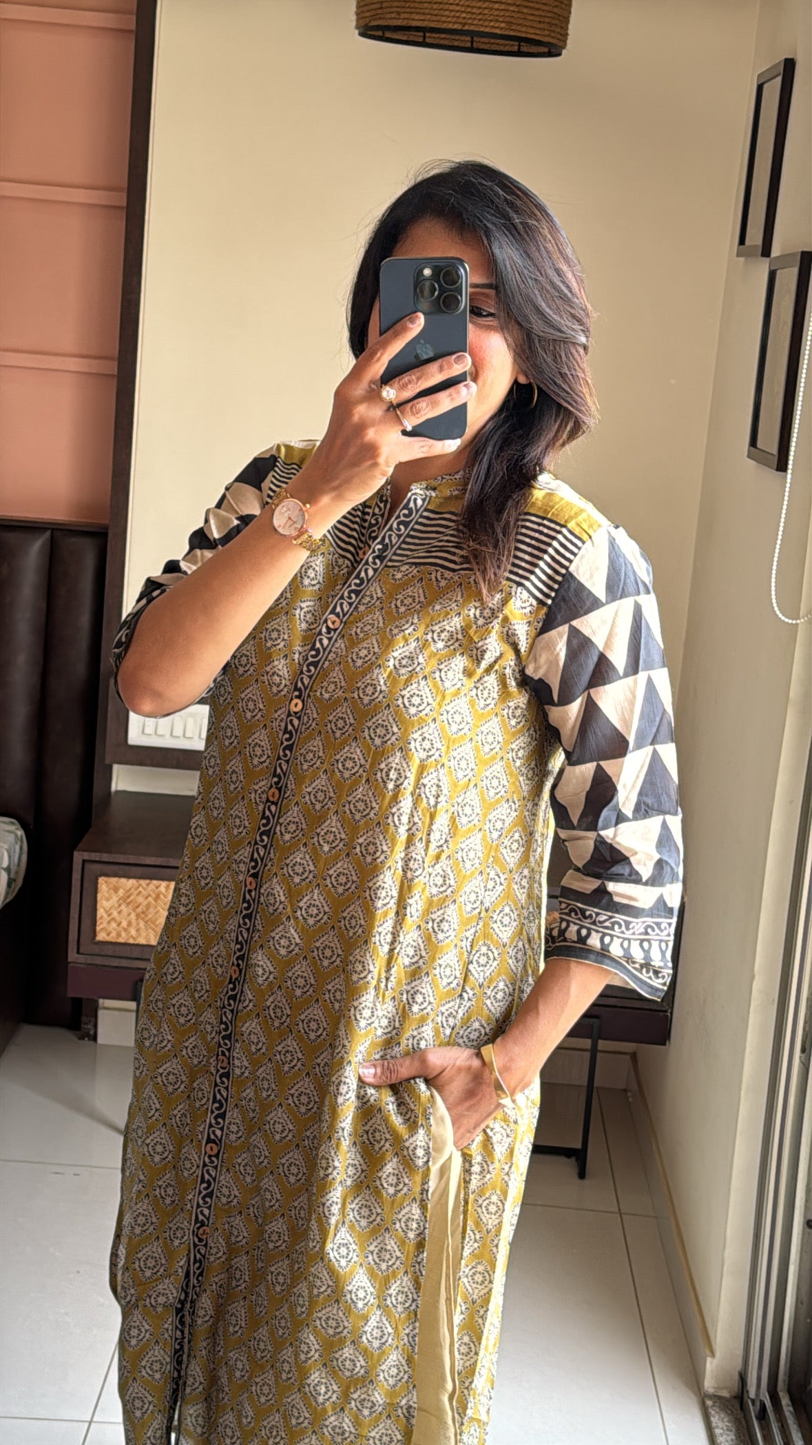 Olive & Beige Apple Cut Kurti with Detachable Inner & Palazzo Set | Kalamkari Print | Pure Mul Chanderi