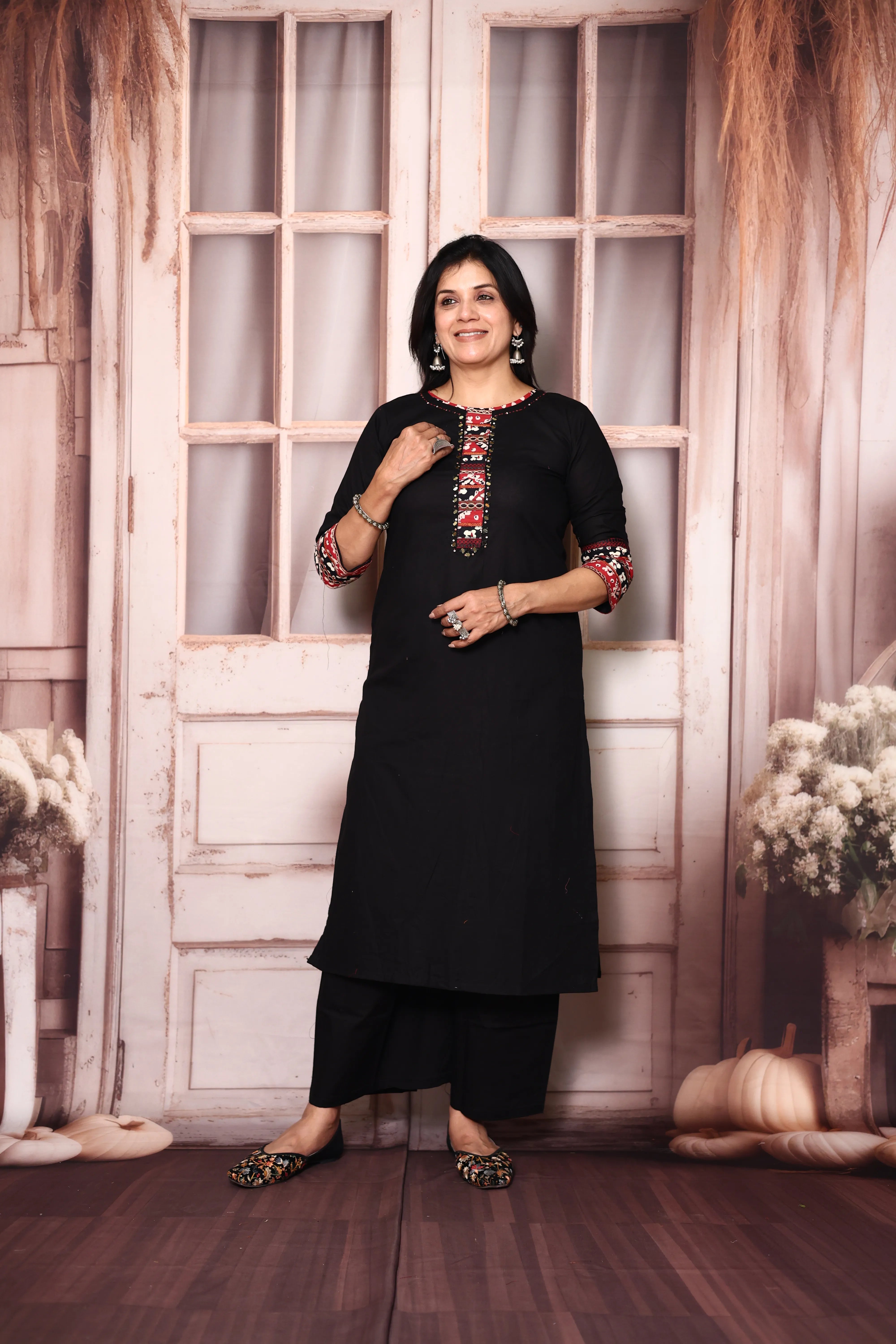 Black Cotton Straight Kurti Palazzo Set with Embroidered Jacket