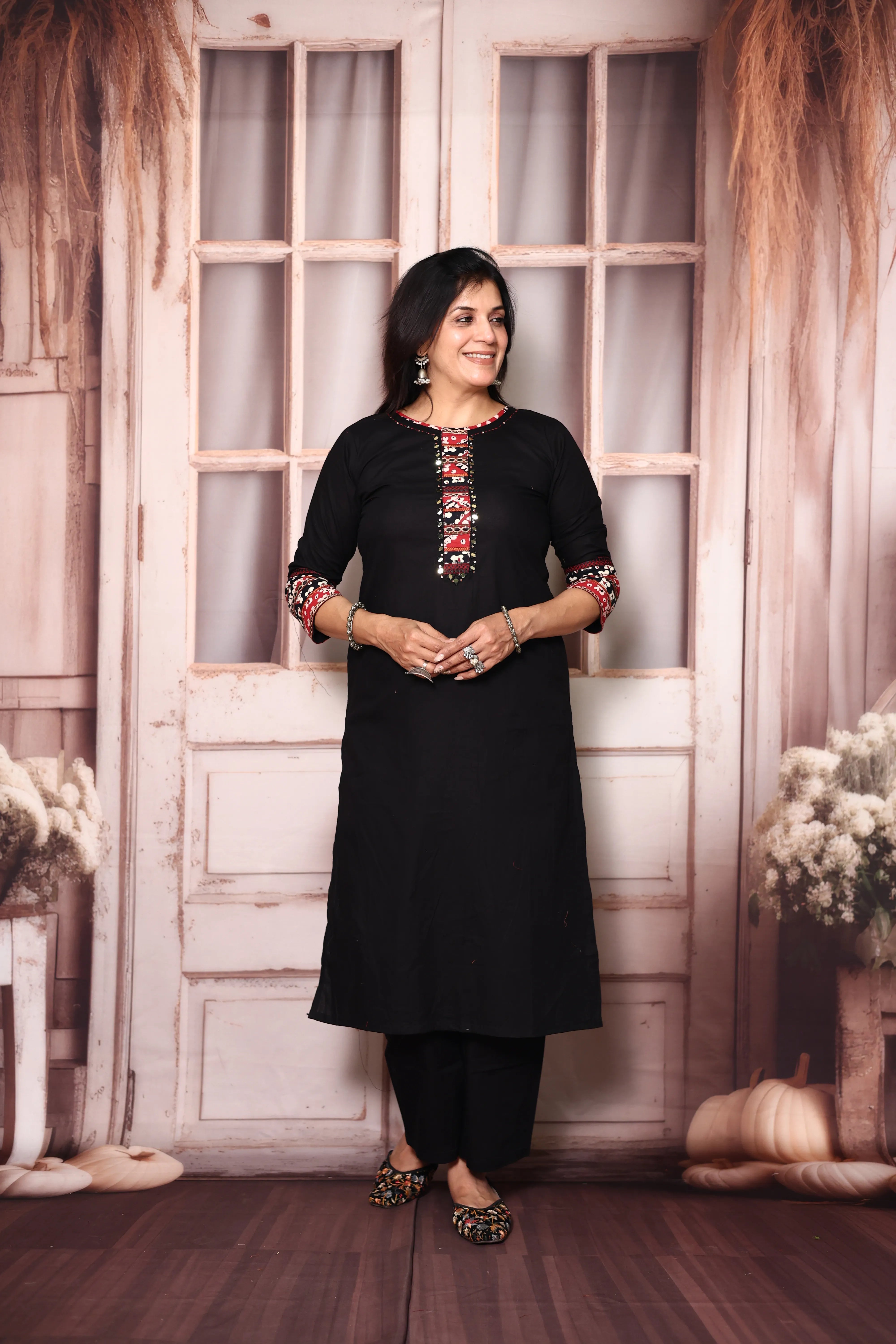 Black Cotton Straight Kurti Palazzo Set with Embroidered Jacket