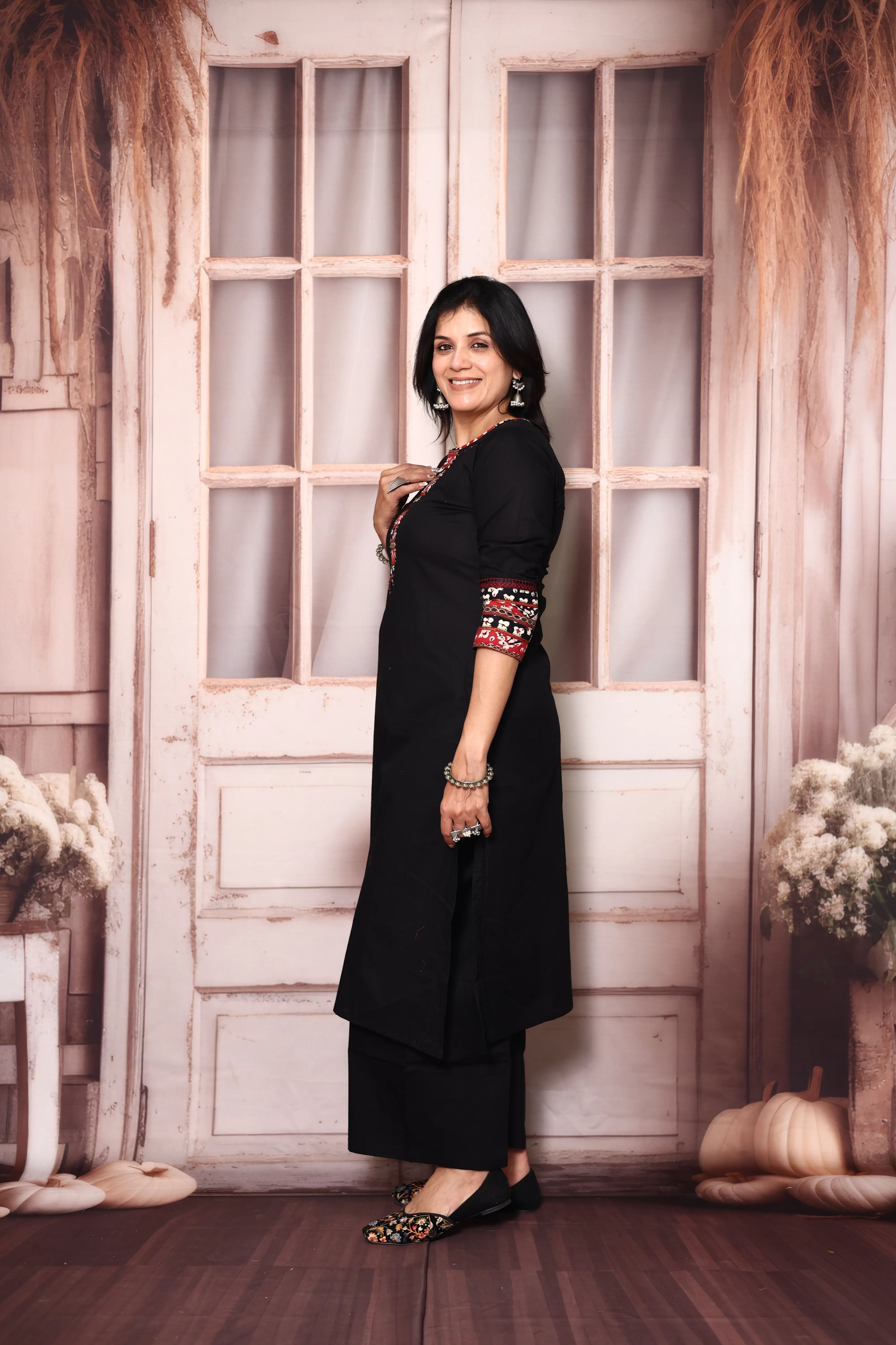 Black Cotton Straight Kurti Palazzo Set with Embroidered Jacket