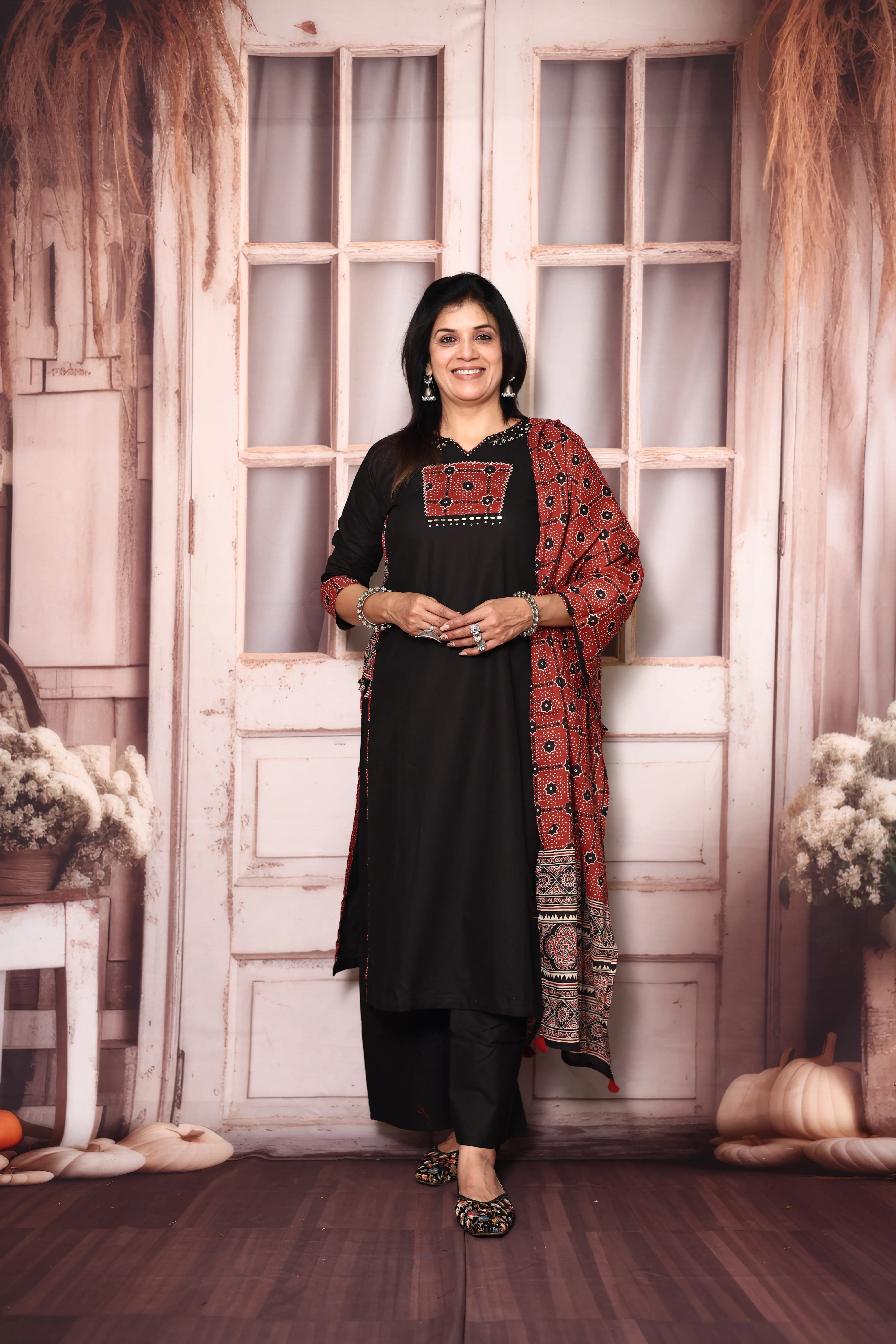 Black Cotton Kurti Palazzo Set with Printed Dupatta | Gamthi Print Mirror & Sequins Work
