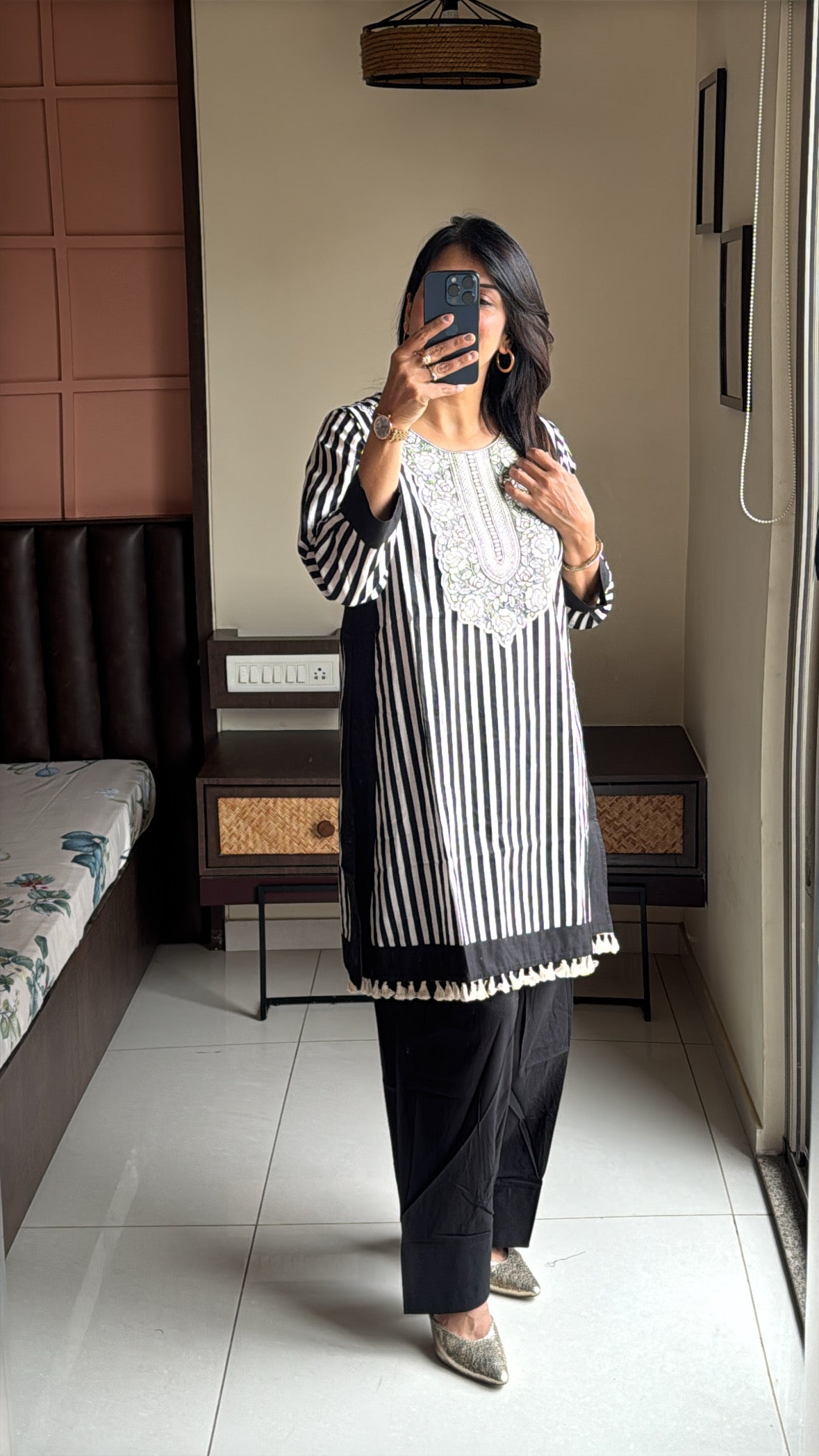 Black & White Yoke Work Kurti with Farsi Salwar | Stripes Print | Soft Cotton