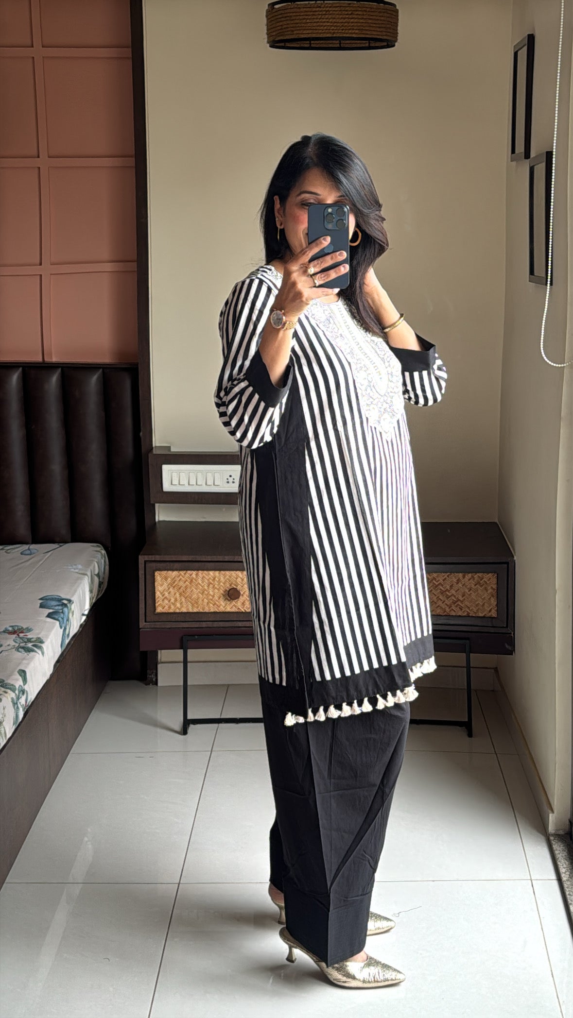 Black & White Yoke Work Kurti with Farsi Salwar | Stripes Print | Soft Cotton