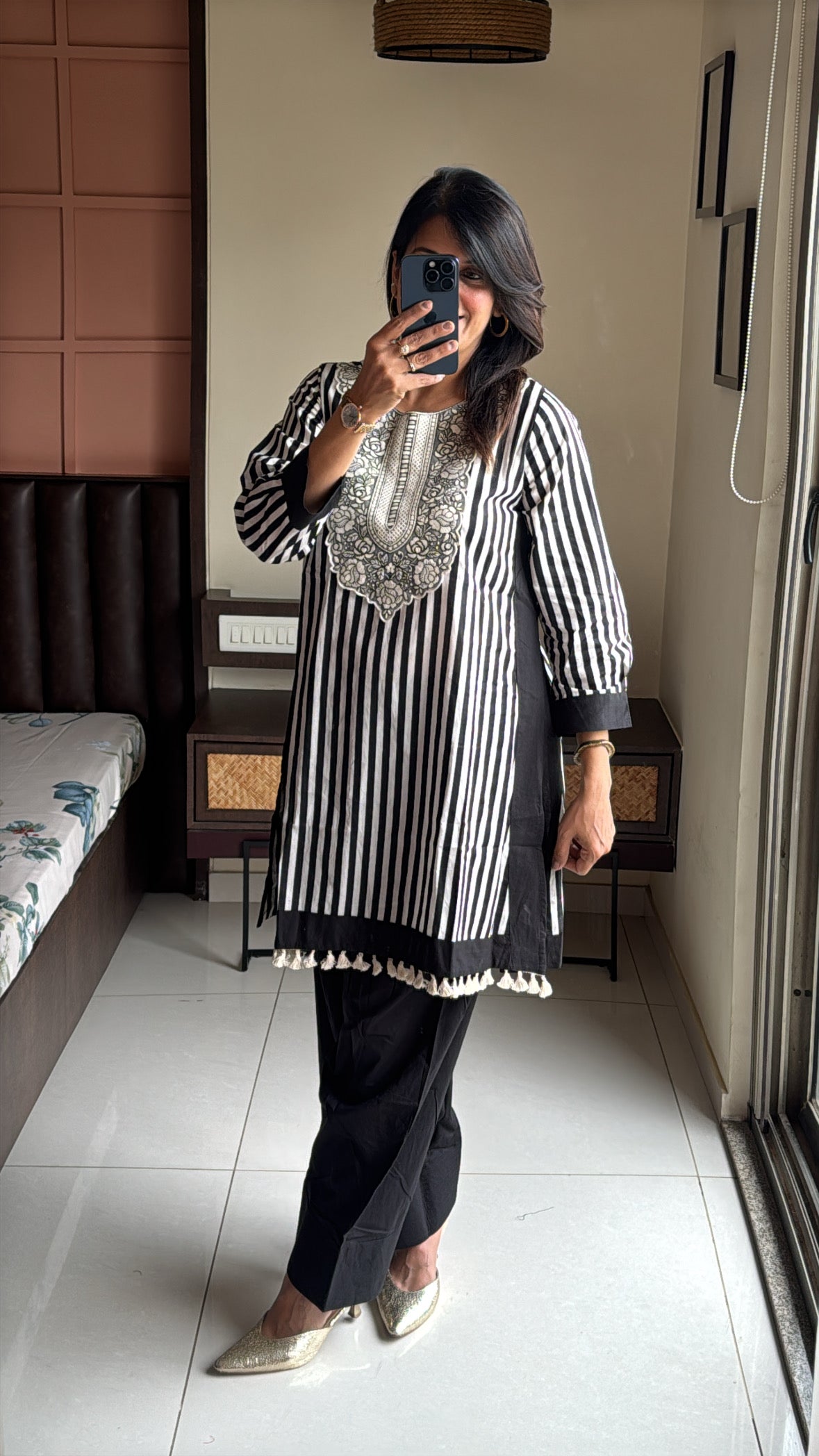 Black & White Yoke Work Kurti with Farsi Salwar | Stripes Print | Soft Cotton