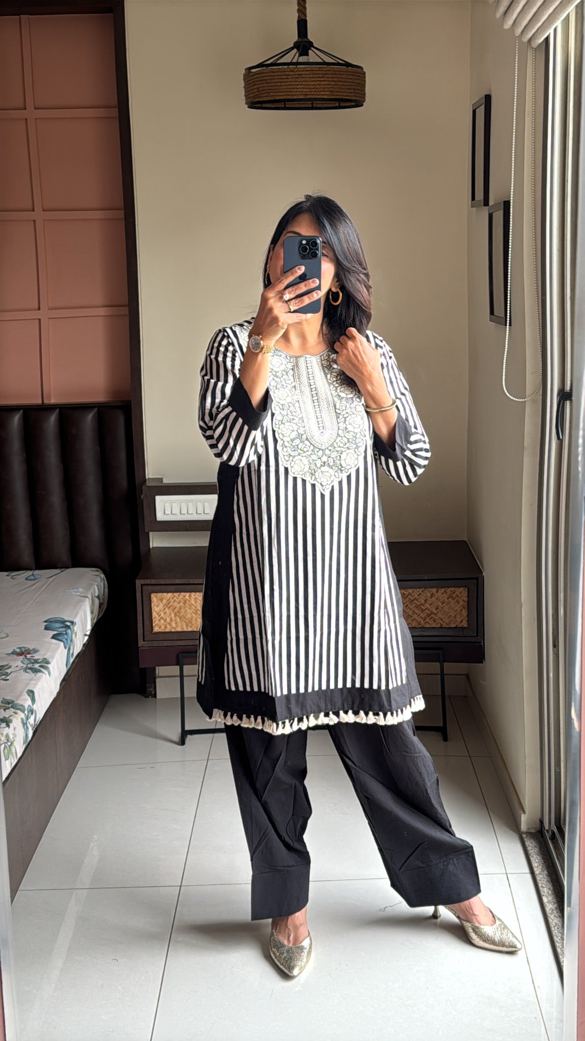 Black & White Yoke Work Kurti with Farsi Salwar | Stripes Print | Soft Cotton