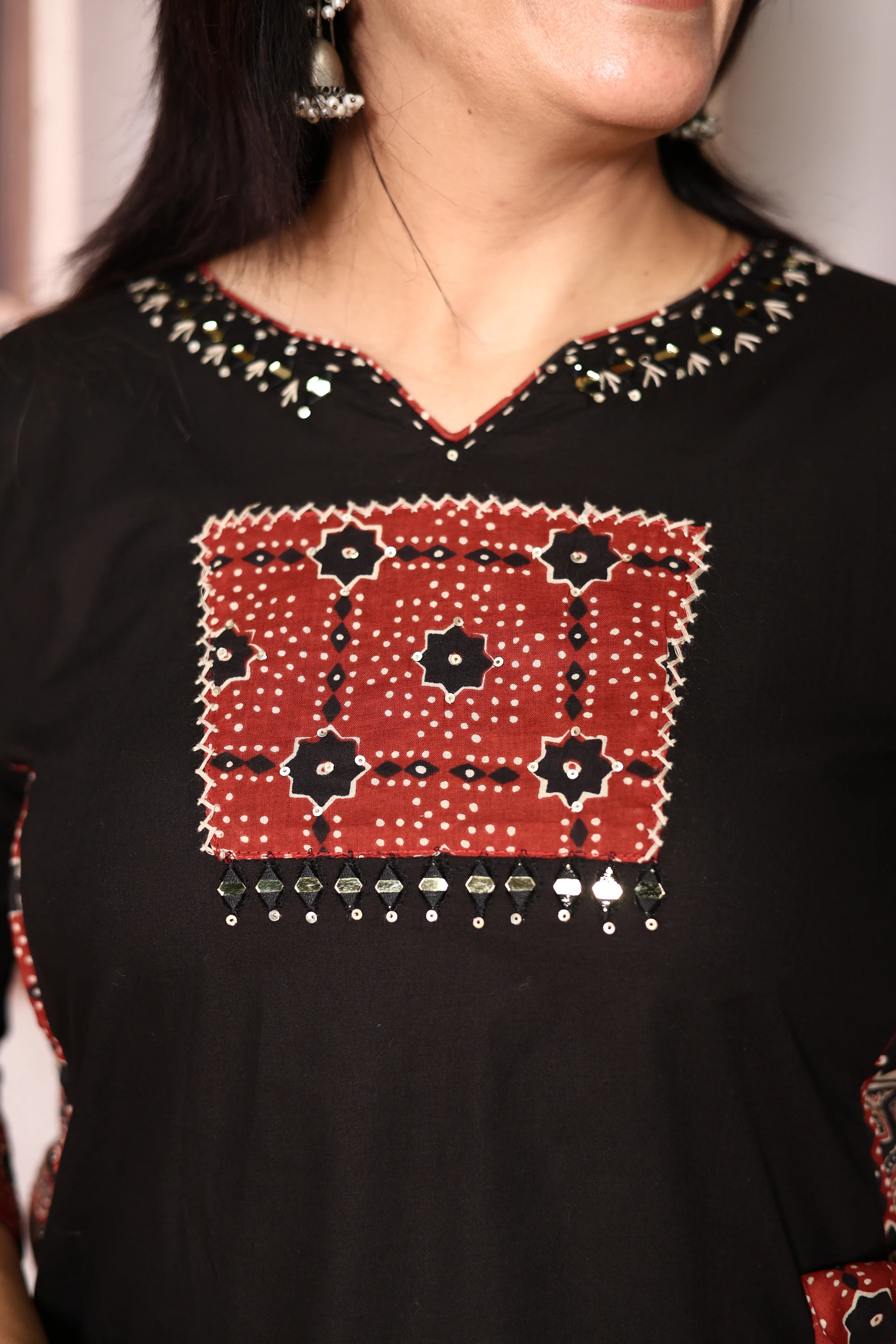 Black Cotton Kurti Palazzo Set with Printed Dupatta | Gamthi Print Mirror & Sequins Work