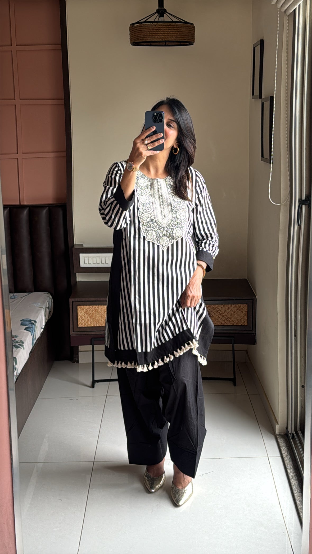 Black & White Yoke Work Kurti with Farsi Salwar | Stripes Print | Soft Cotton