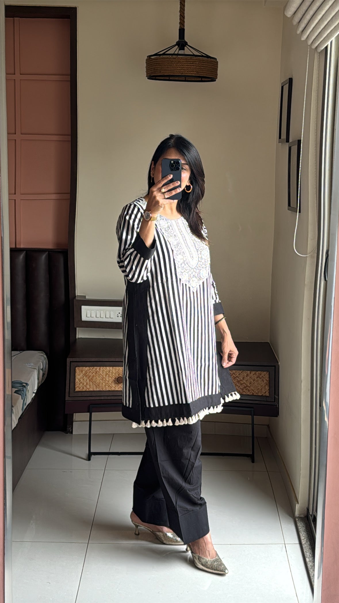 Black & White Yoke Work Kurti with Farsi Salwar | Stripes Print | Soft Cotton