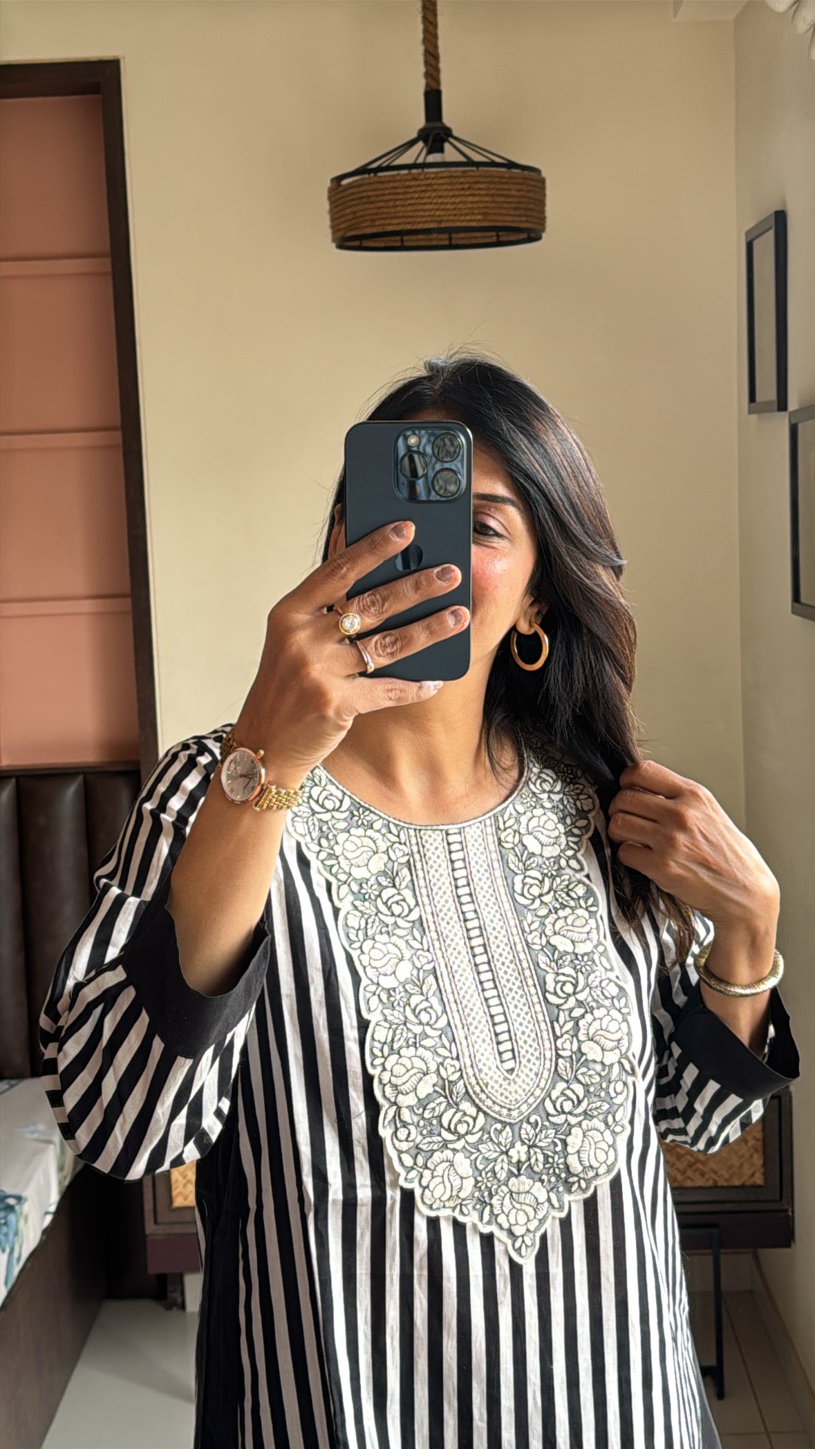 Black & White Yoke Work Kurti with Farsi Salwar | Stripes Print | Soft Cotton