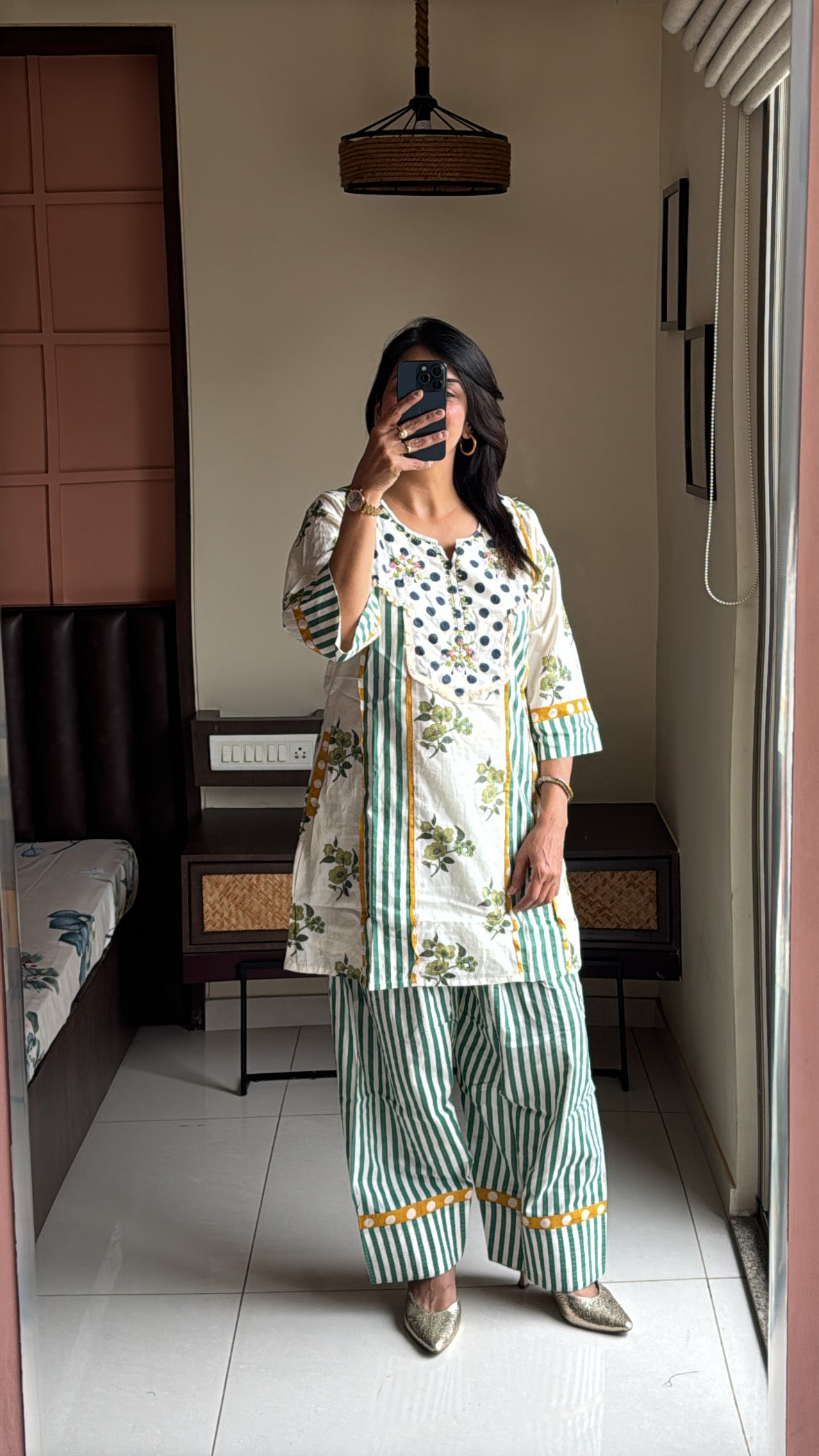 Off White Short Kurti with Farsi Salwar Co-ord Set | Polka Dot & Stripes Print | Yoke Thread Embroidery | Cotton