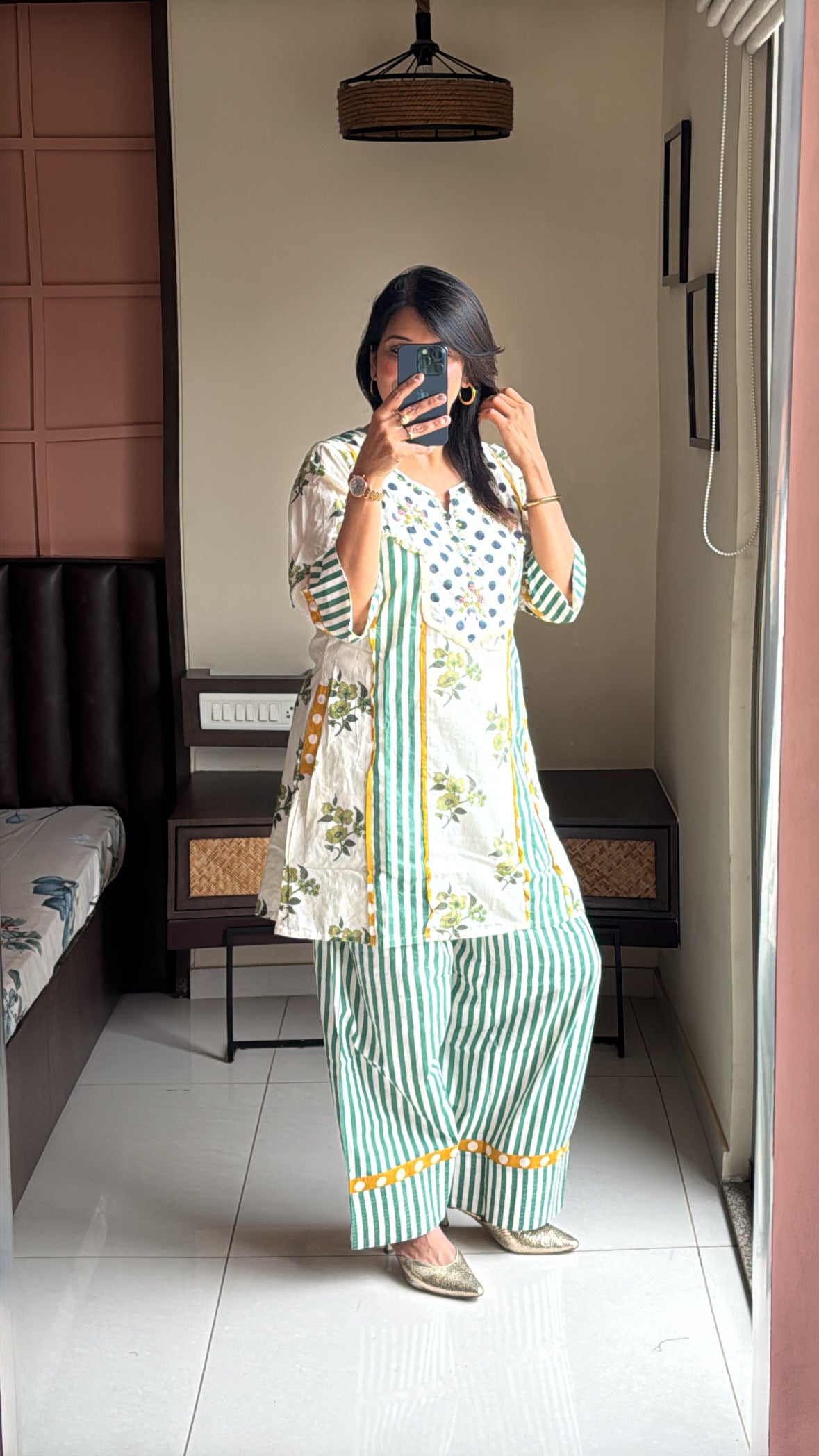 Off White Short Kurti with Farsi Salwar Co-ord Set | Polka Dot & Stripes Print | Yoke Thread Embroidery | Cotton