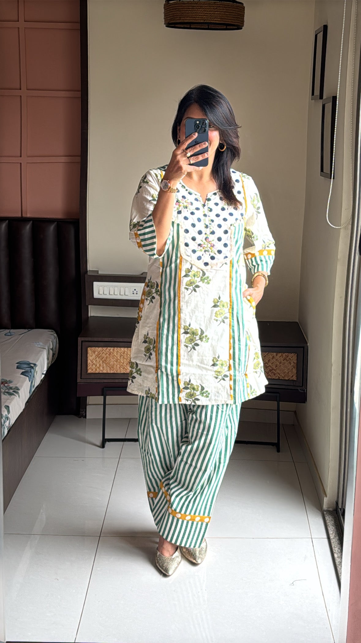 Off White Short Kurti with Farsi Salwar Co-ord Set | Polka Dot & Stripes Print | Yoke Thread Embroidery | Cotton