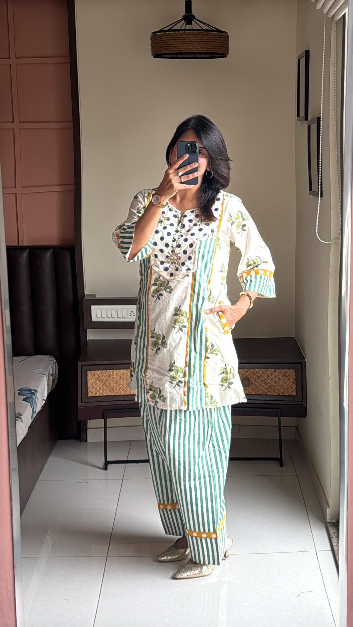Off White Short Kurti with Farsi Salwar Co-ord Set | Polka Dot & Stripes Print | Yoke Thread Embroidery | Cotton