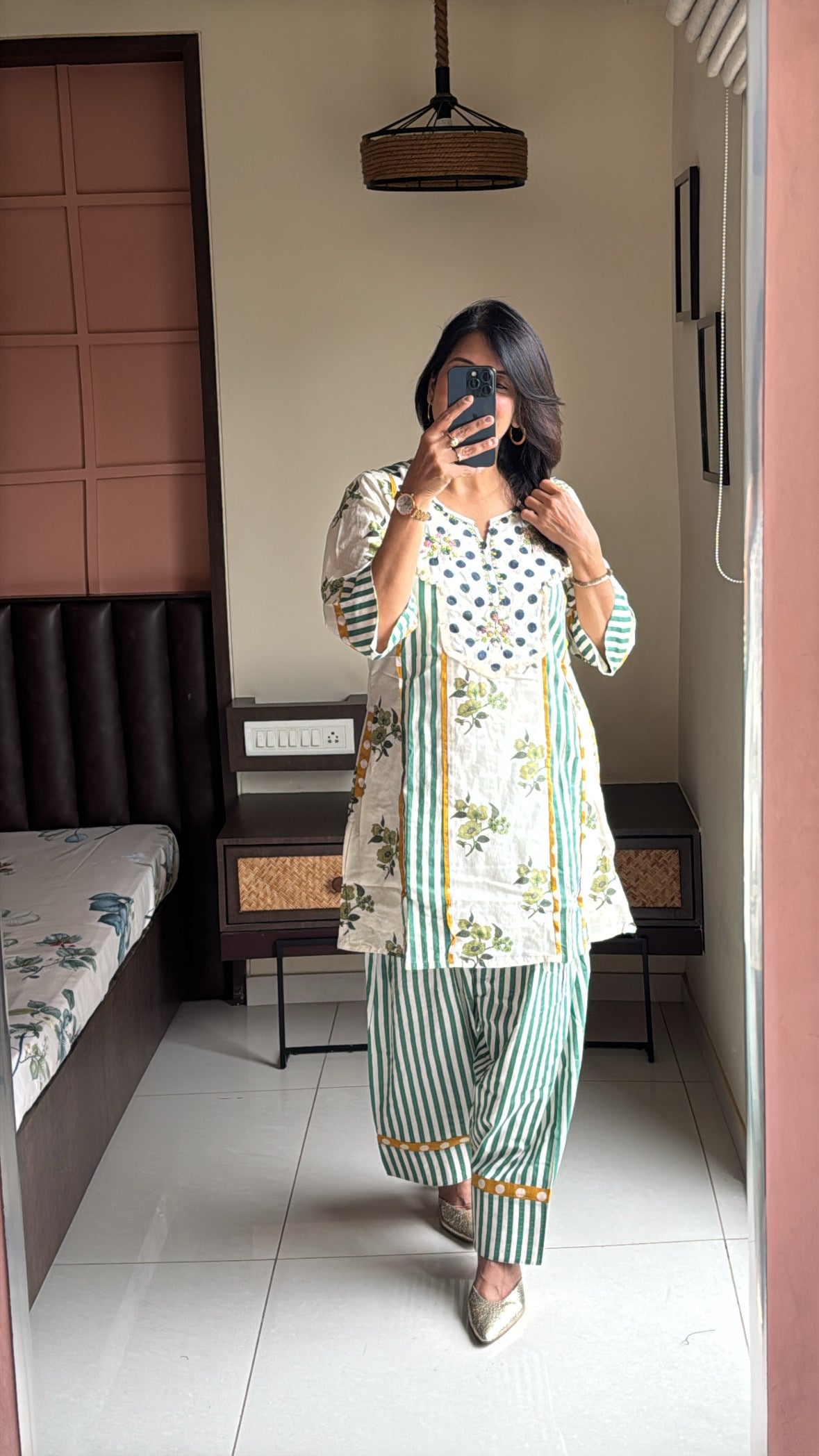 Off White Short Kurti with Farsi Salwar Co-ord Set | Polka Dot & Stripes Print | Yoke Thread Embroidery | Cotton