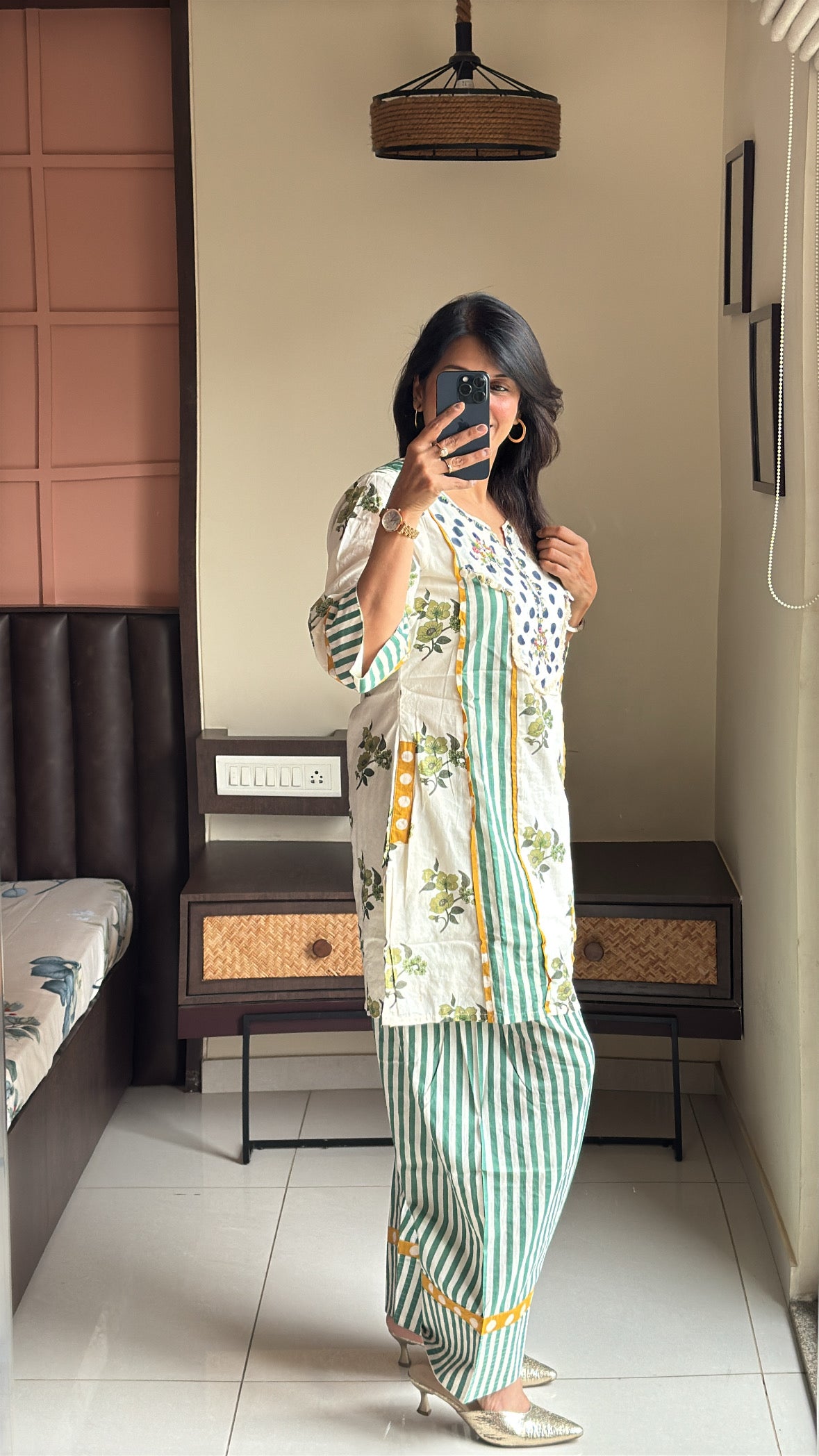 Off White Short Kurti with Farsi Salwar Co-ord Set | Polka Dot & Stripes Print | Yoke Thread Embroidery | Cotton