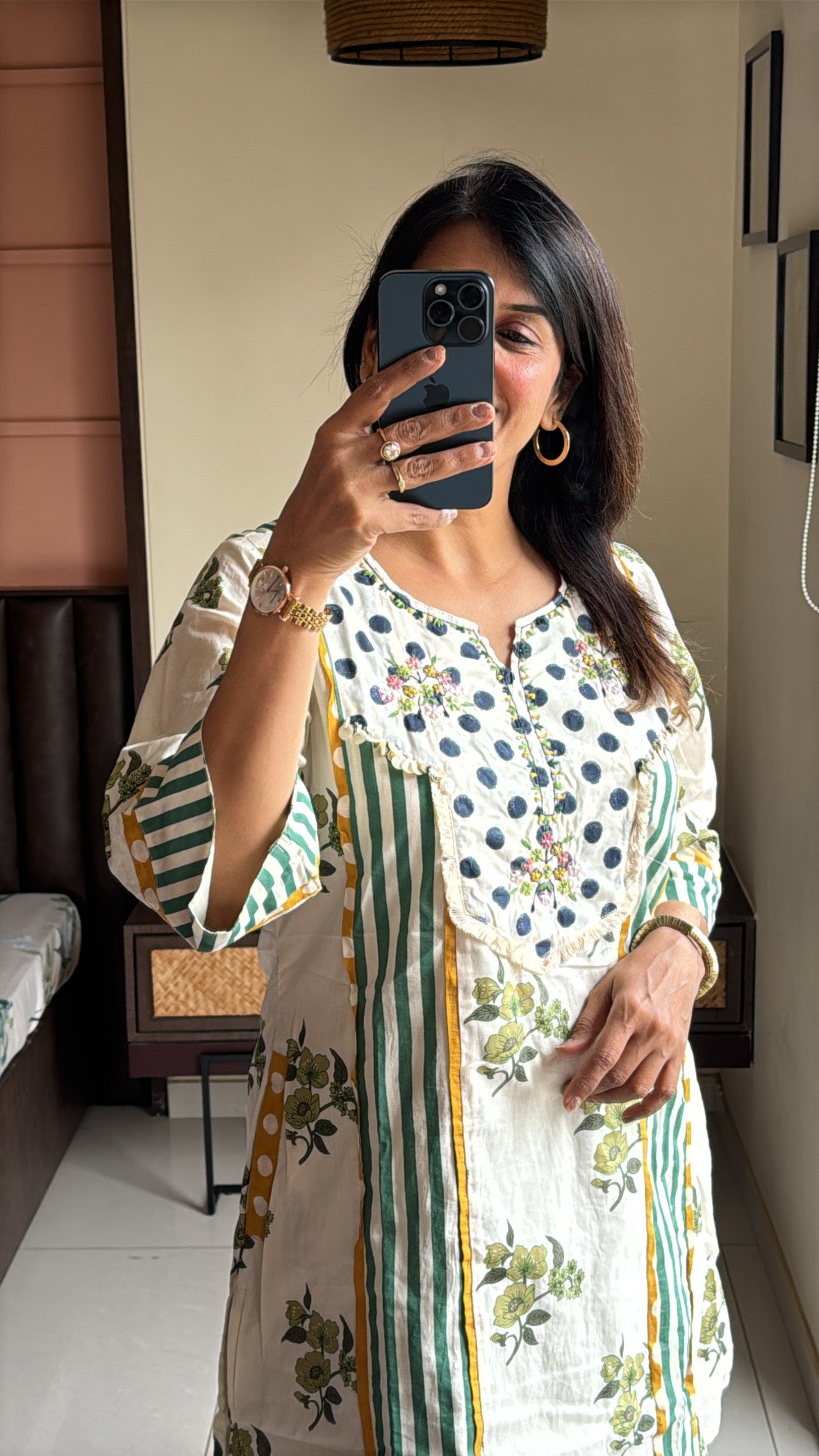 Off White Short Kurti with Farsi Salwar Co-ord Set | Polka Dot & Stripes Print | Yoke Thread Embroidery | Cotton