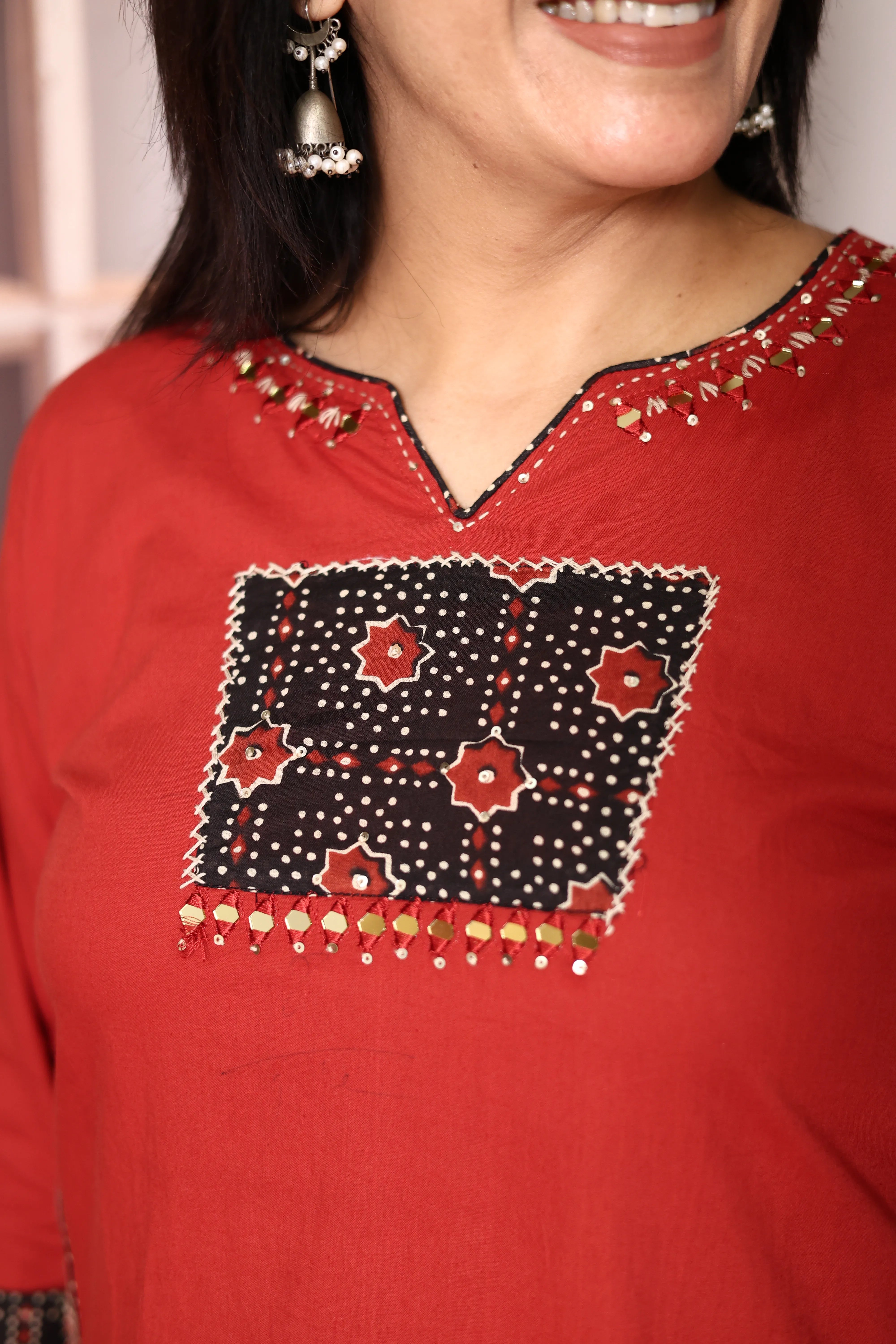 Red Cotton Kurti Palazzo Set with Printed Dupatta | Gamthi Print Mirror & Sequins Work