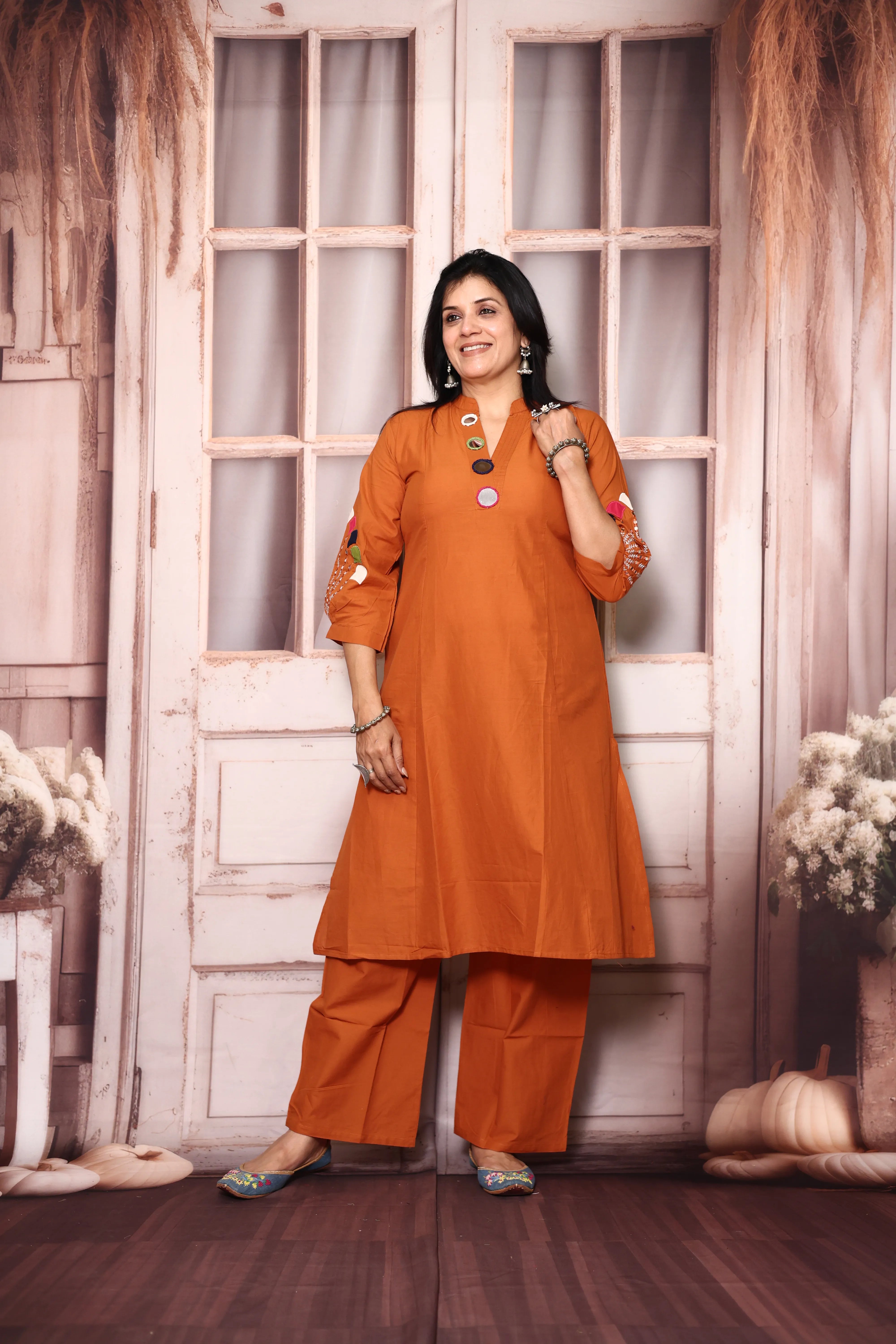 Orange A-Line Kurta Pant Set with Yoke Mirror Work | Soft Cotton Embroidered Ethnic Set