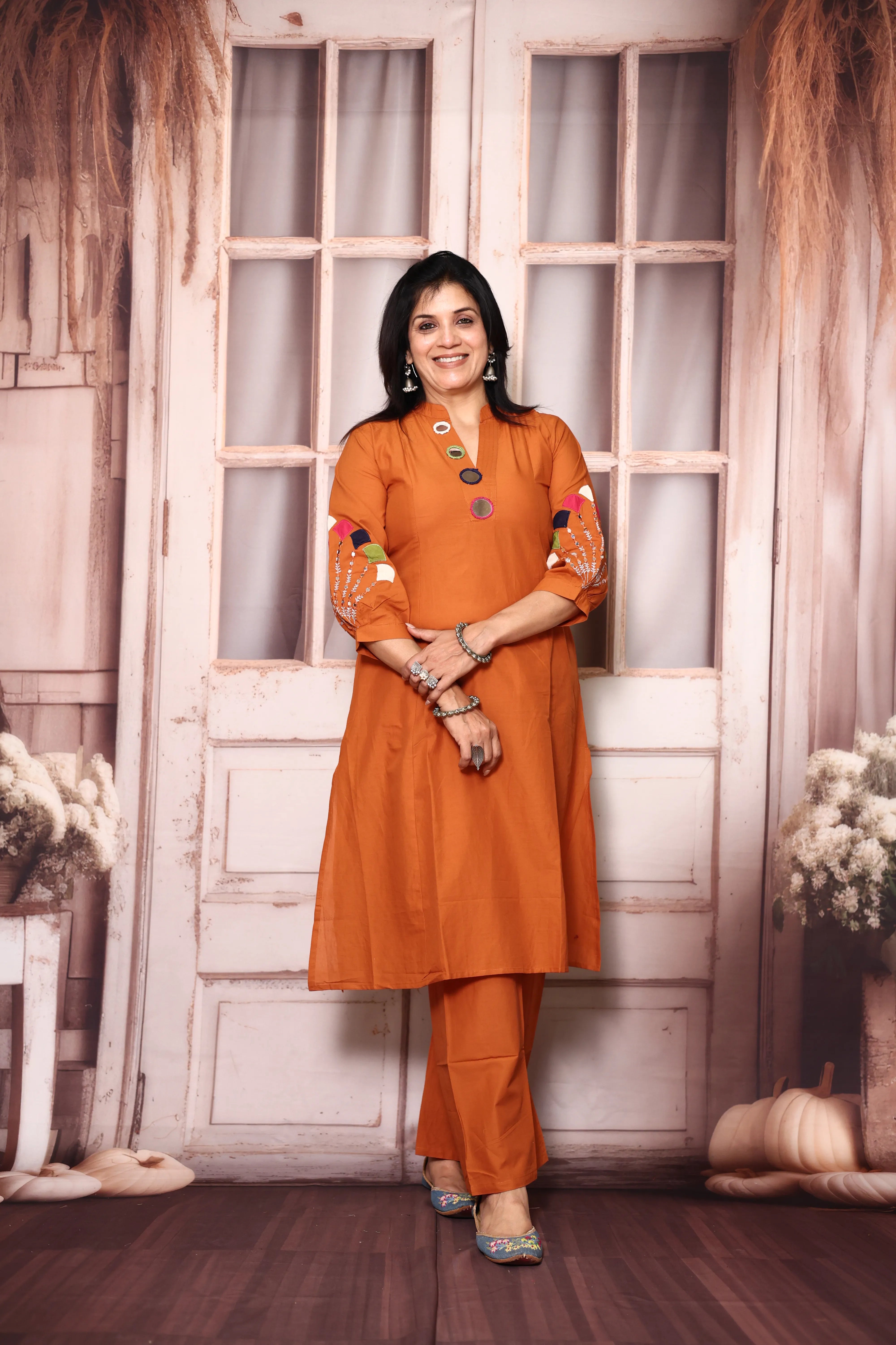 Orange A-Line Kurta Pant Set with Yoke Mirror Work | Soft Cotton Embroidered Ethnic Set