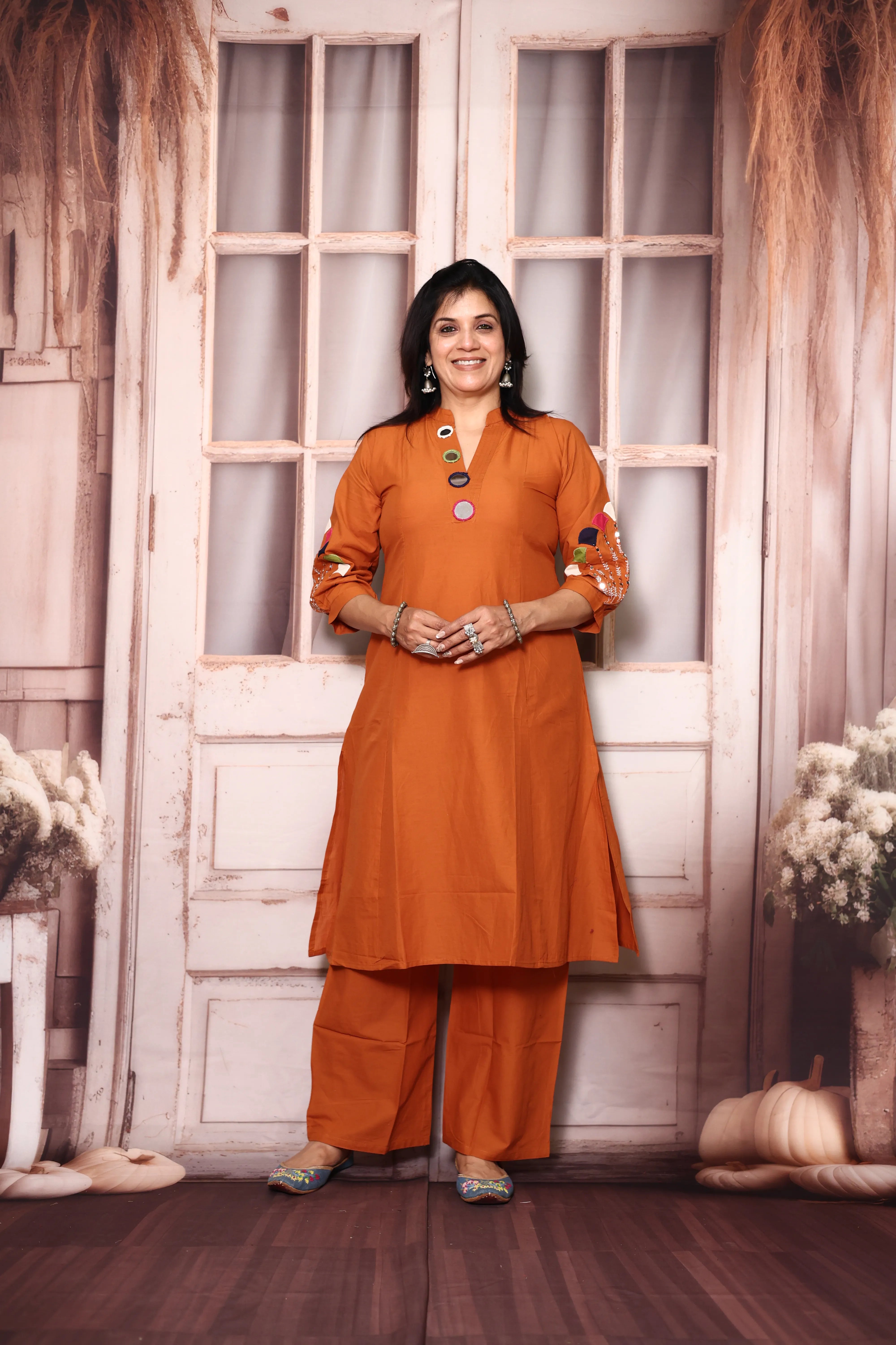 Orange A-Line Kurta Pant Set with Yoke Mirror Work | Soft Cotton Embroidered Ethnic Set