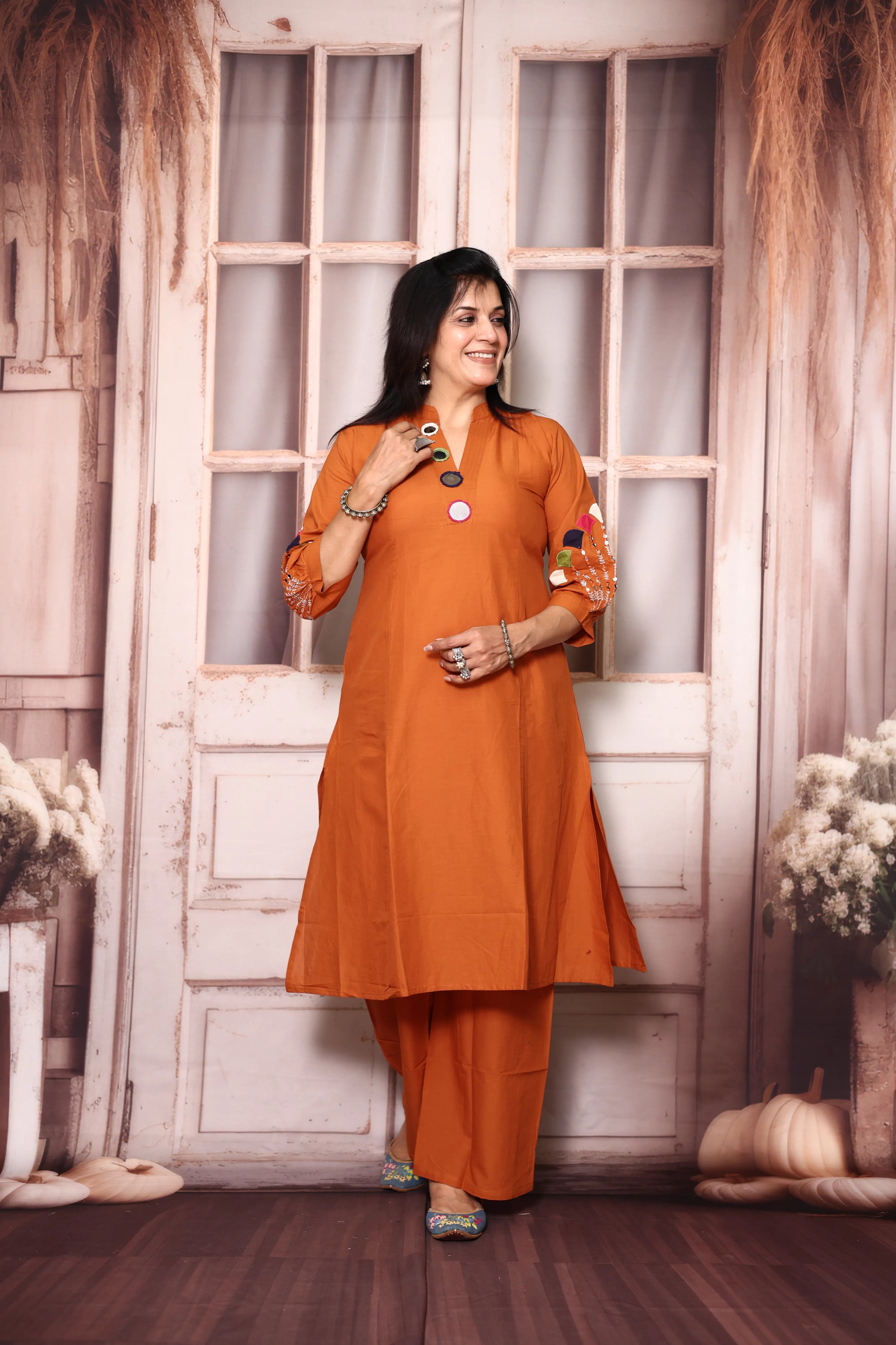 Orange A-Line Kurta Pant Set with Yoke Mirror Work | Soft Cotton Embroidered Ethnic Set