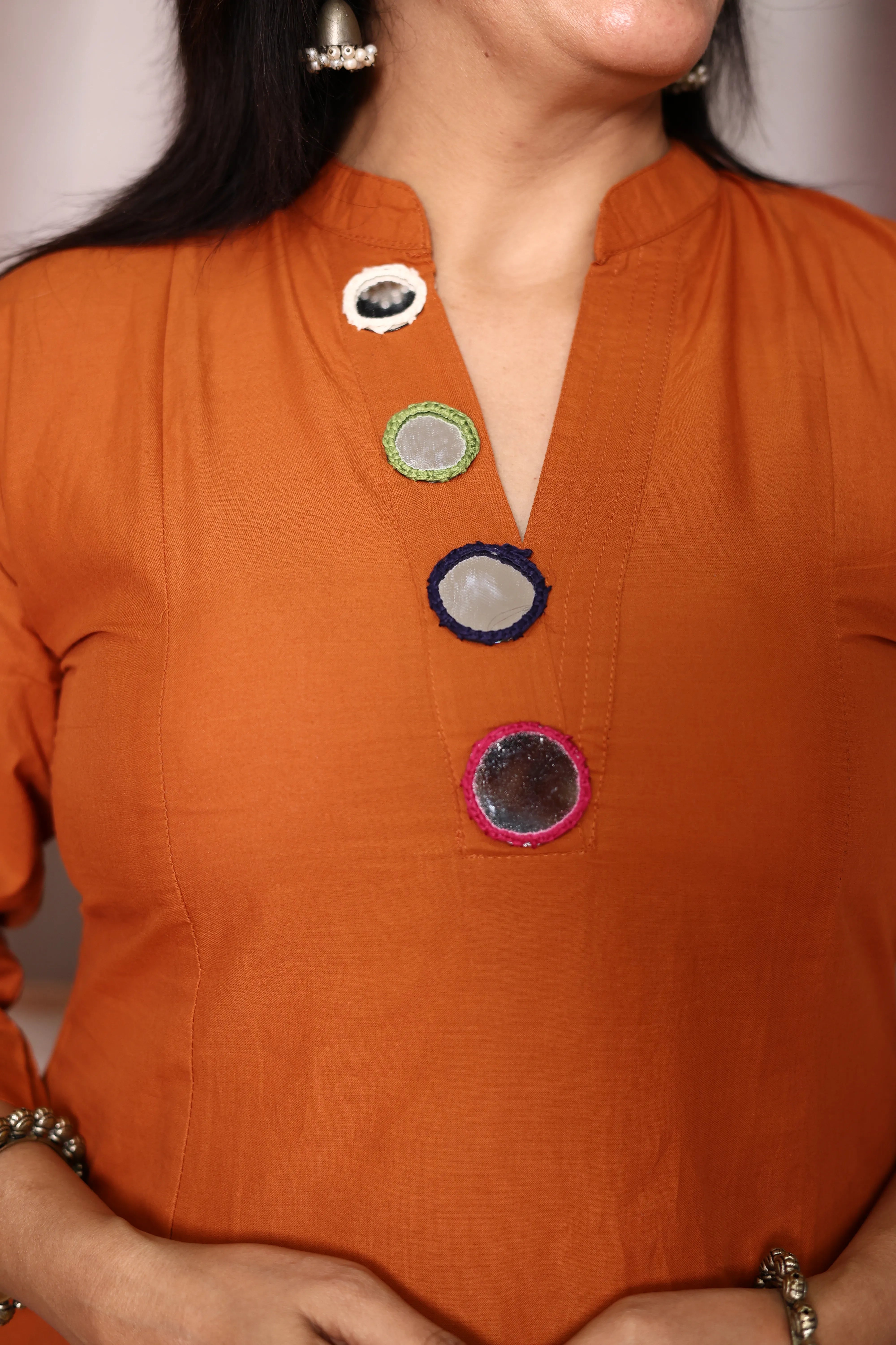 Orange A-Line Kurta Pant Set with Yoke Mirror Work | Soft Cotton Embroidered Ethnic Set