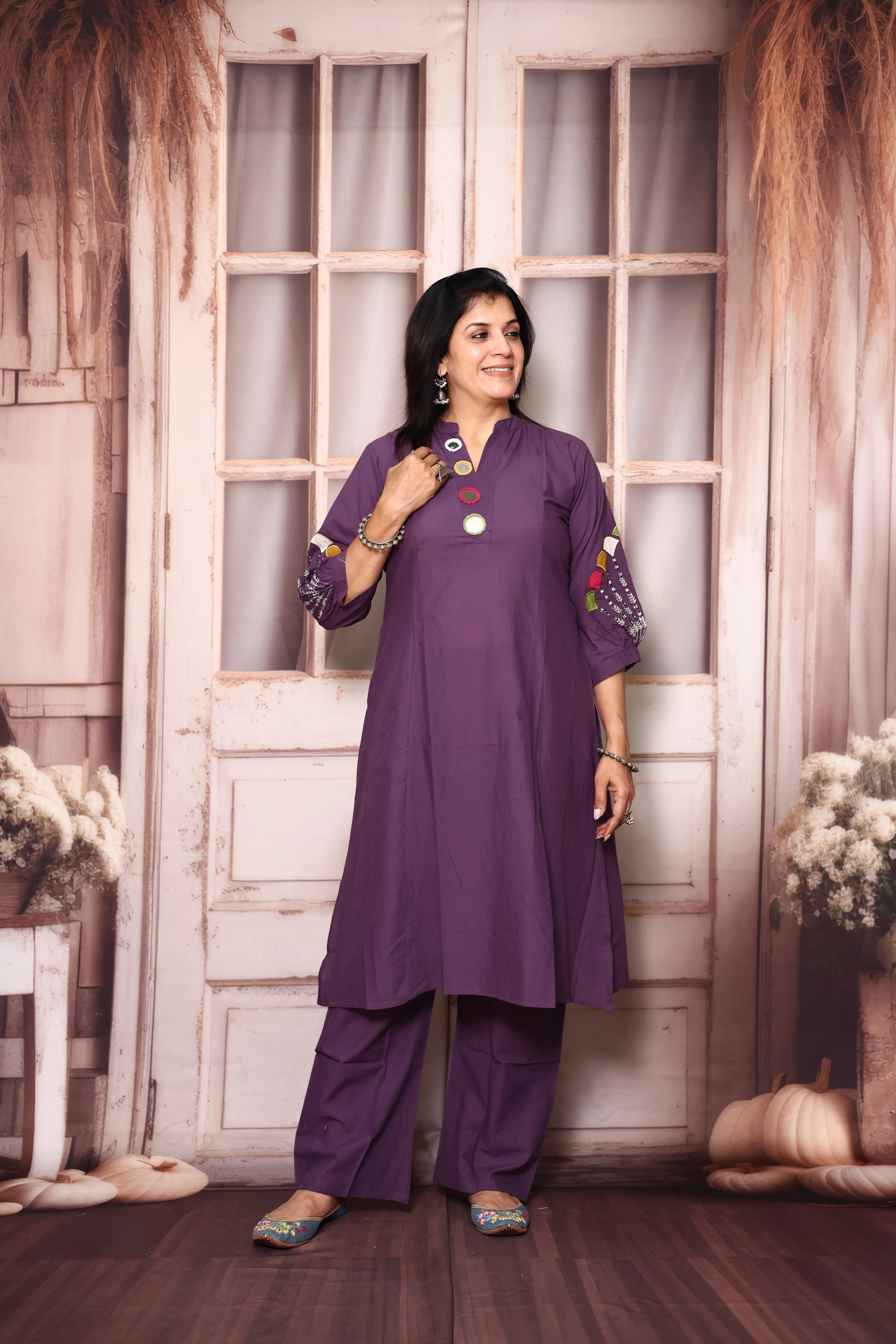 Blue Lilac A-Line Kurta Pant Set with Yoke Mirror Work | Soft Cotton Embroidered Ethnic Set