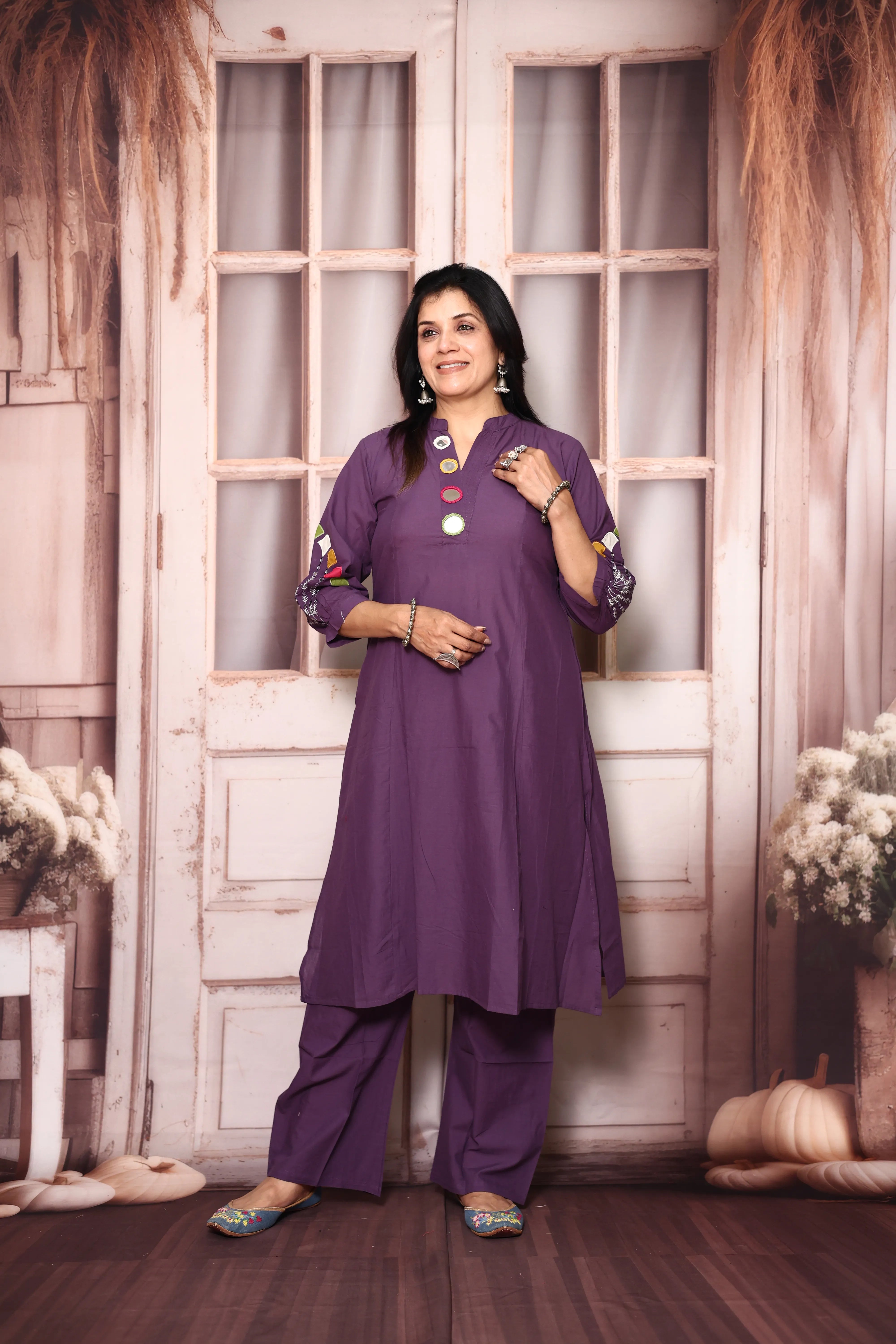 Blue Lilac A-Line Kurta Pant Set with Yoke Mirror Work | Soft Cotton Embroidered Ethnic Set