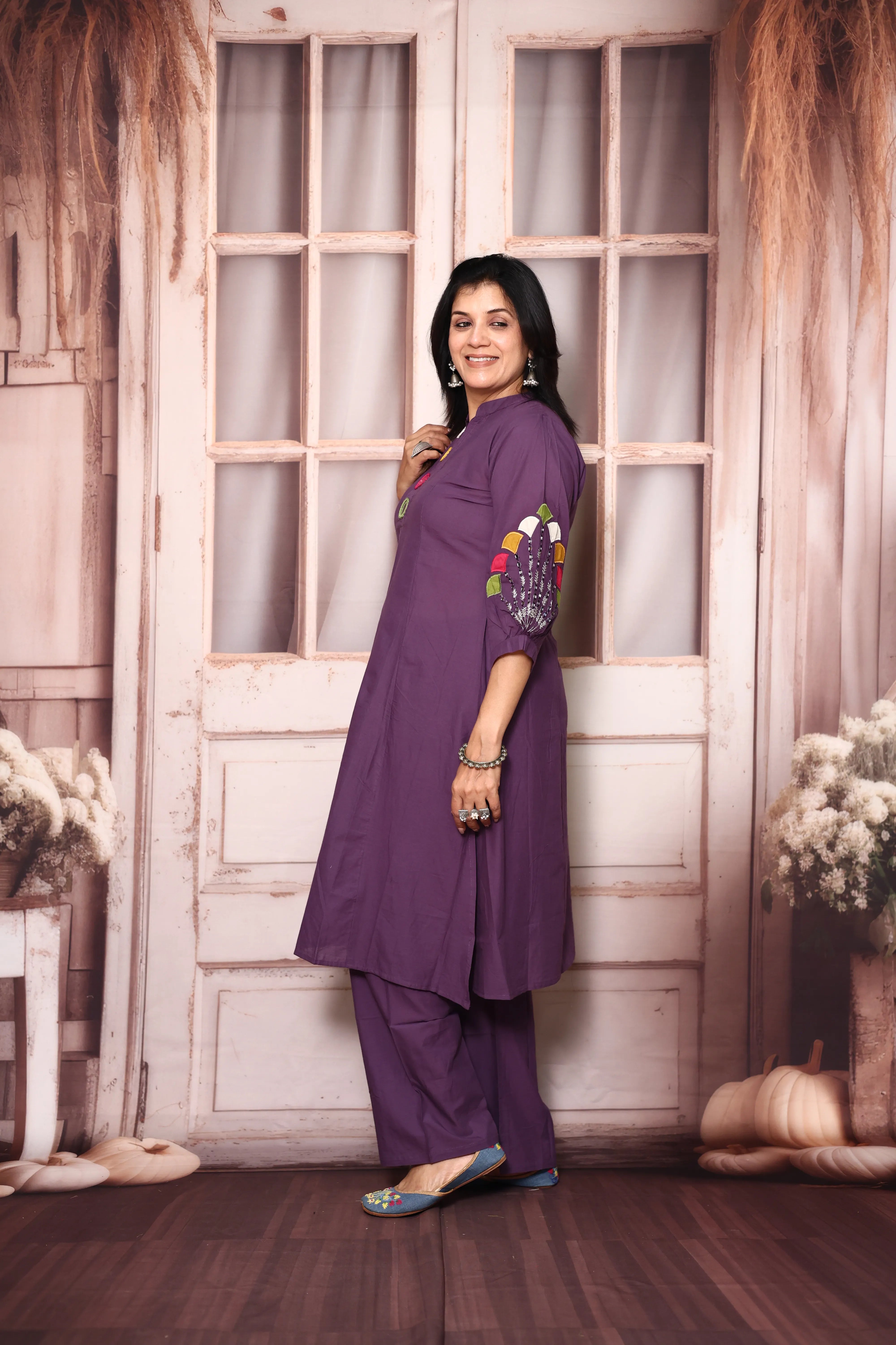 Blue Lilac A-Line Kurta Pant Set with Yoke Mirror Work | Soft Cotton Embroidered Ethnic Set