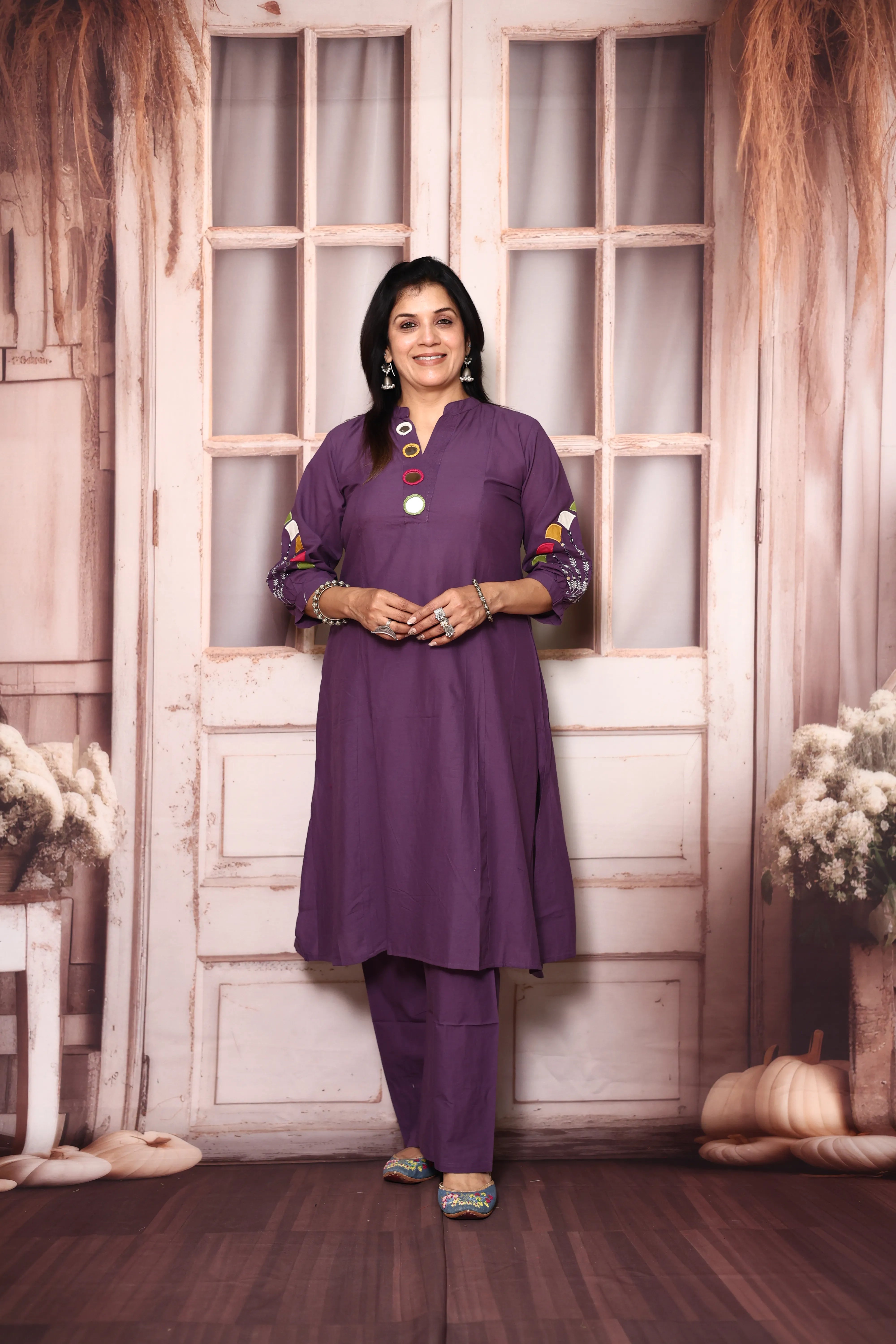Blue Lilac A-Line Kurta Pant Set with Yoke Mirror Work | Soft Cotton Embroidered Ethnic Set