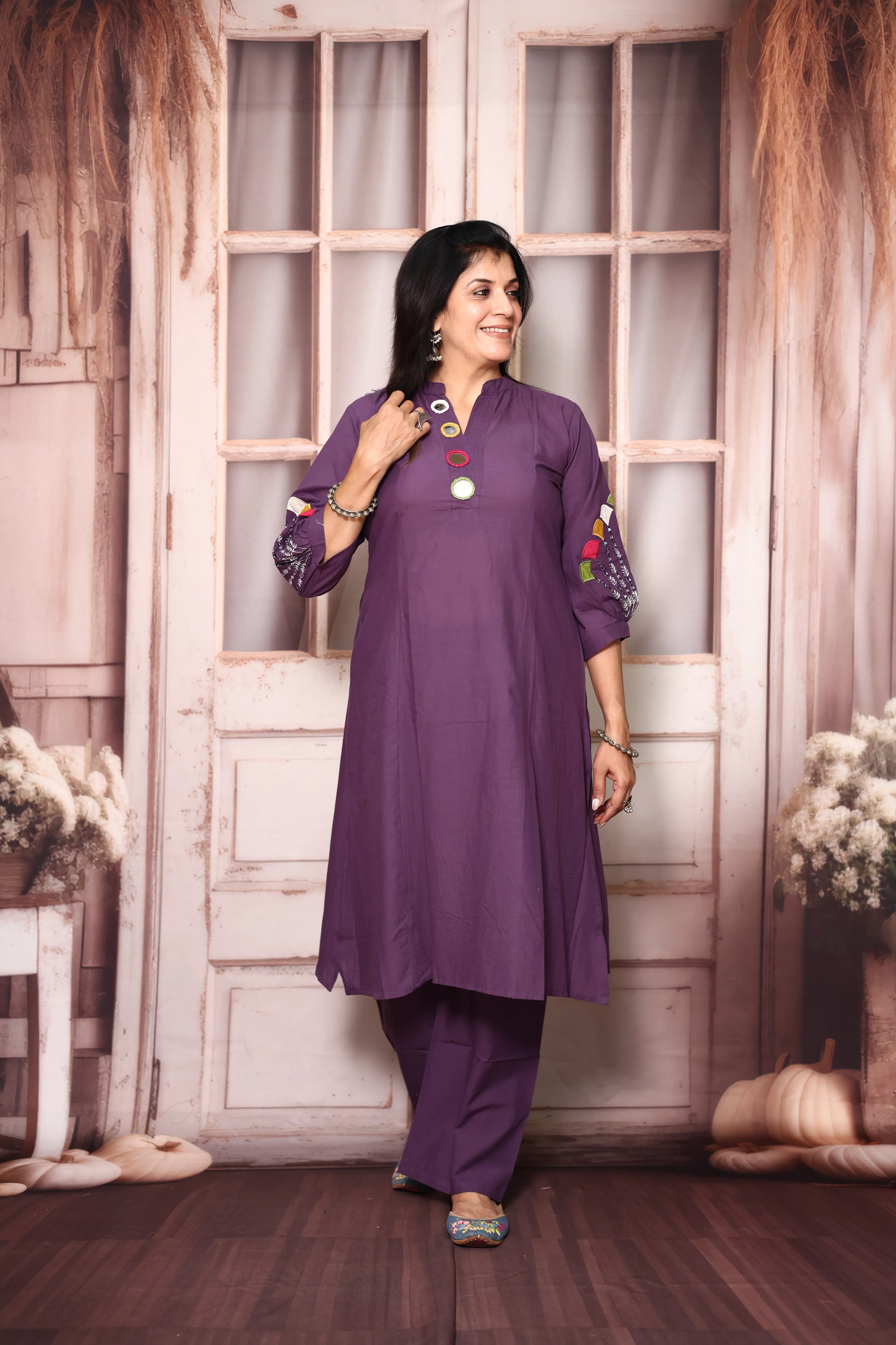 Blue Lilac A-Line Kurta Pant Set with Yoke Mirror Work | Soft Cotton Embroidered Ethnic Set