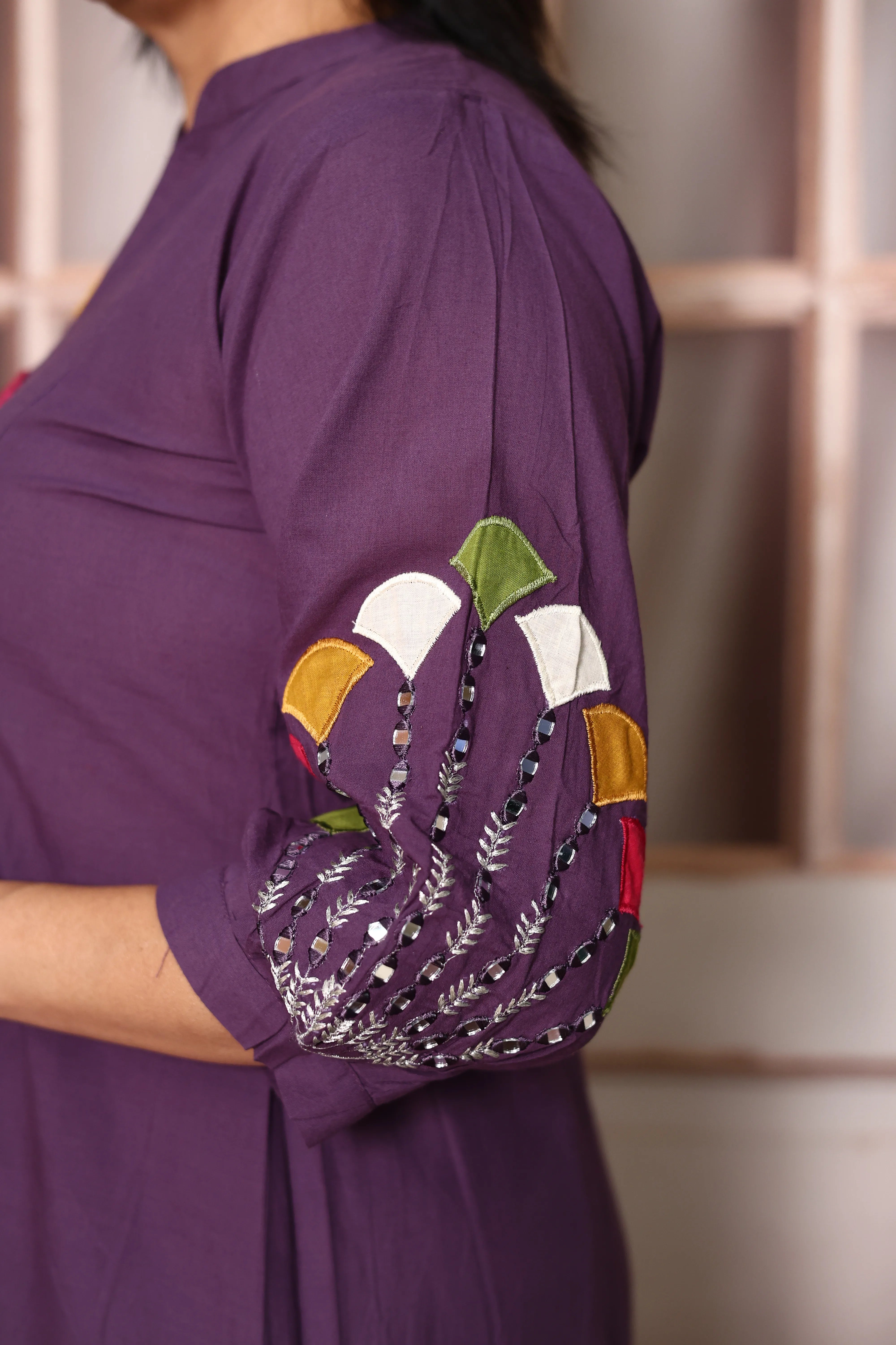 Blue Lilac A-Line Kurta Pant Set with Yoke Mirror Work | Soft Cotton Embroidered Ethnic Set