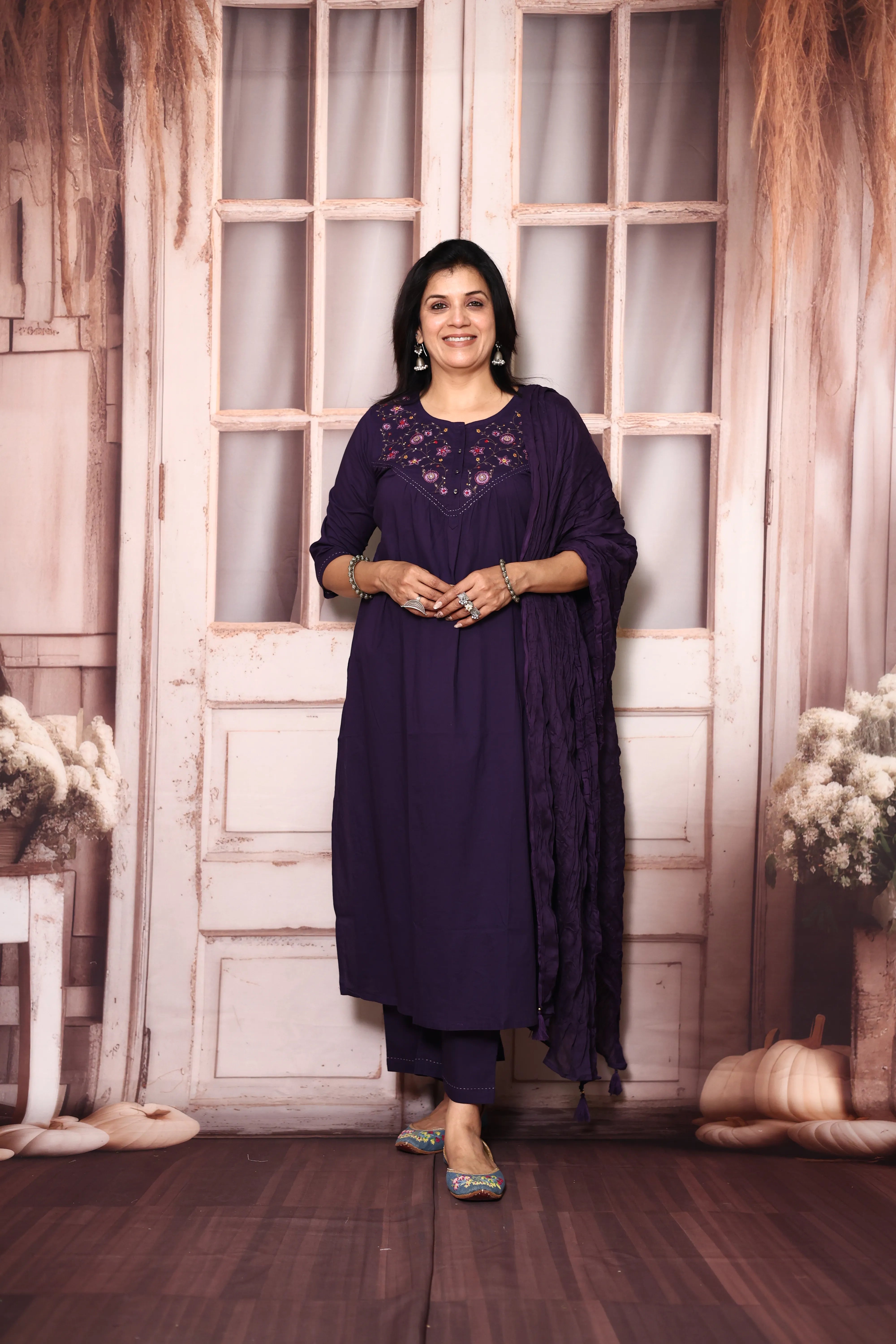 Dark Purple Mul Cotton Dupatta Set with Floral Thread Embroidery |Plus Sizes Available