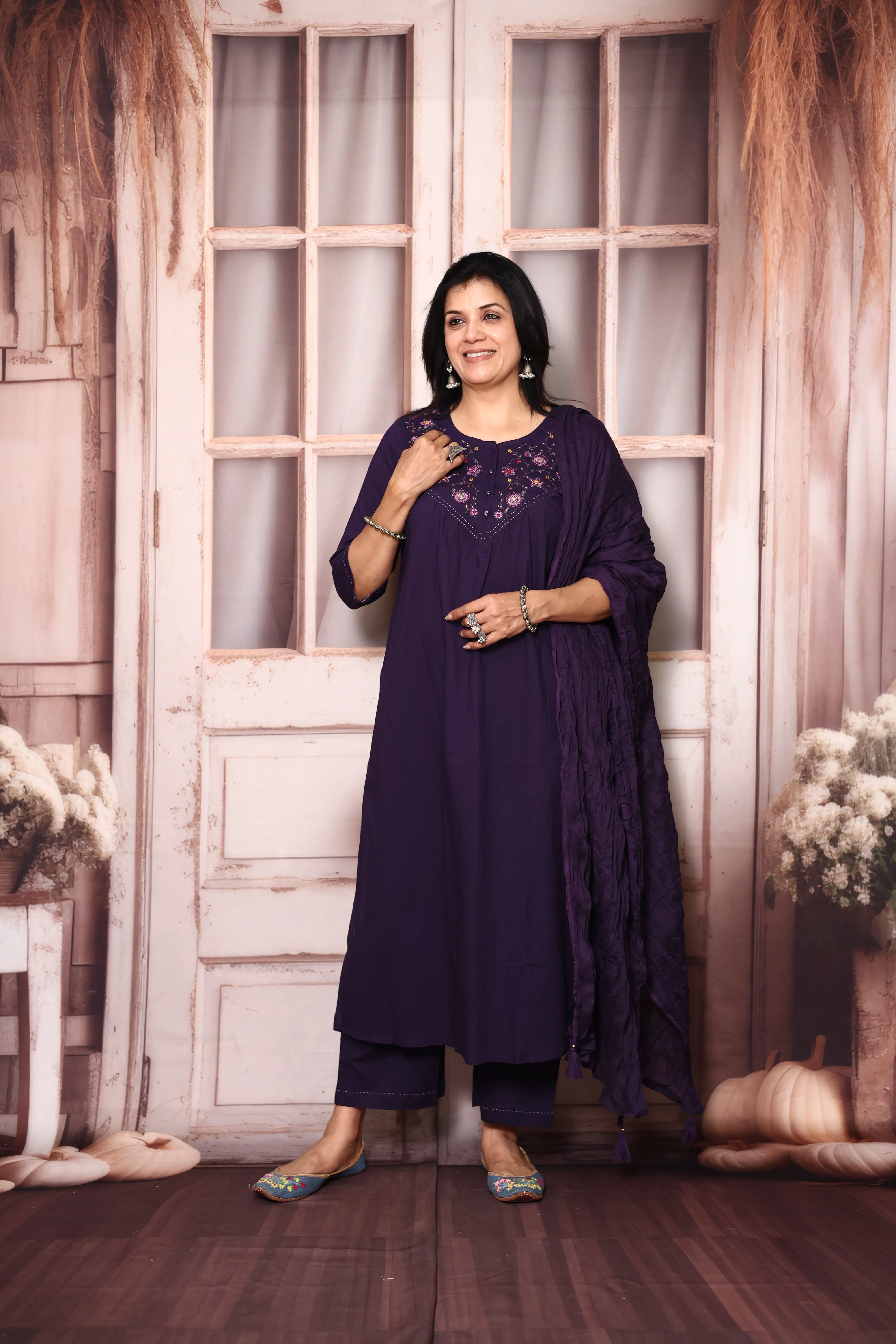 Dark Purple Mul Cotton Dupatta Set with Floral Thread Embroidery |Plus Sizes Available