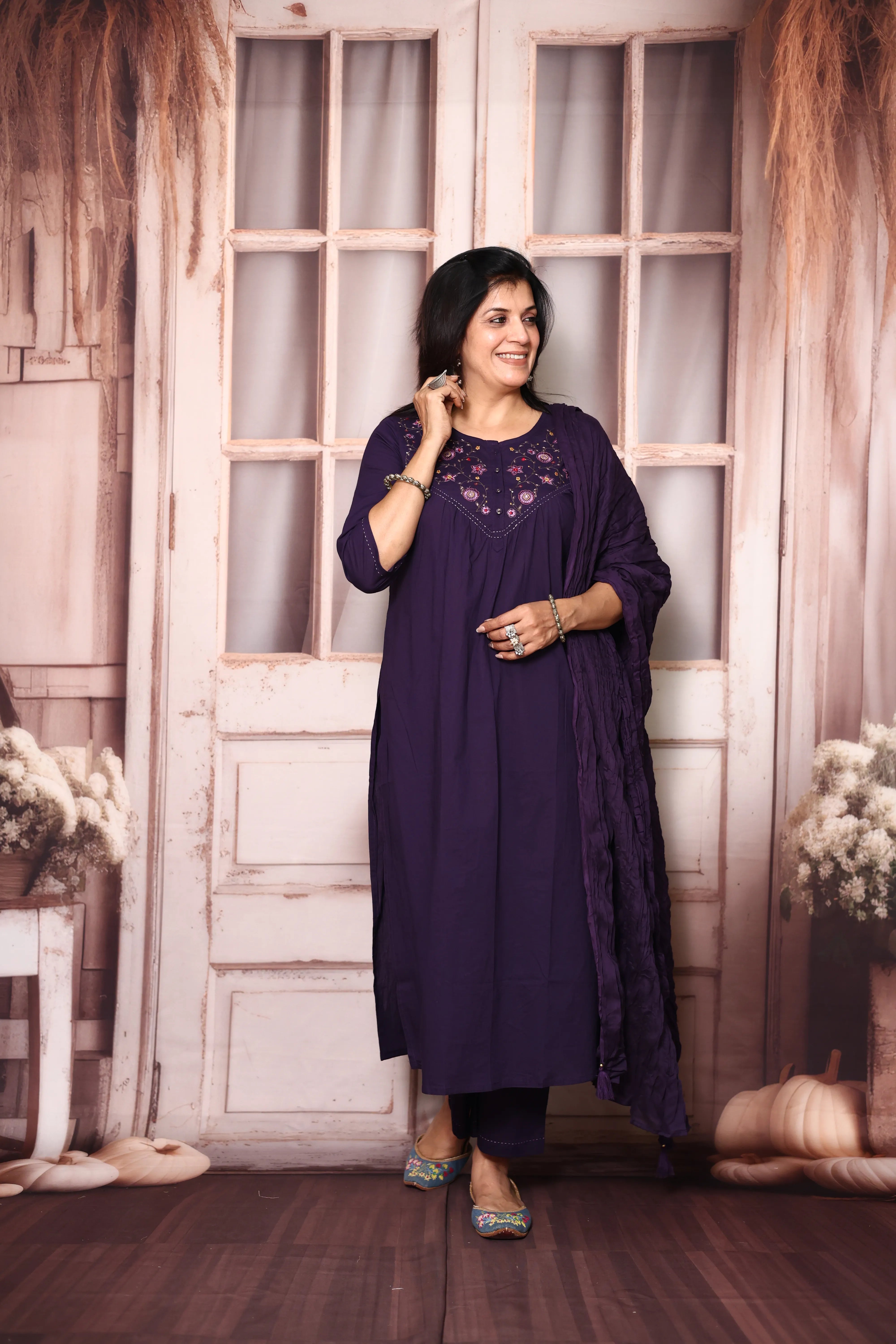 Dark Purple Mul Cotton Dupatta Set with Floral Thread Embroidery |Plus Sizes Available