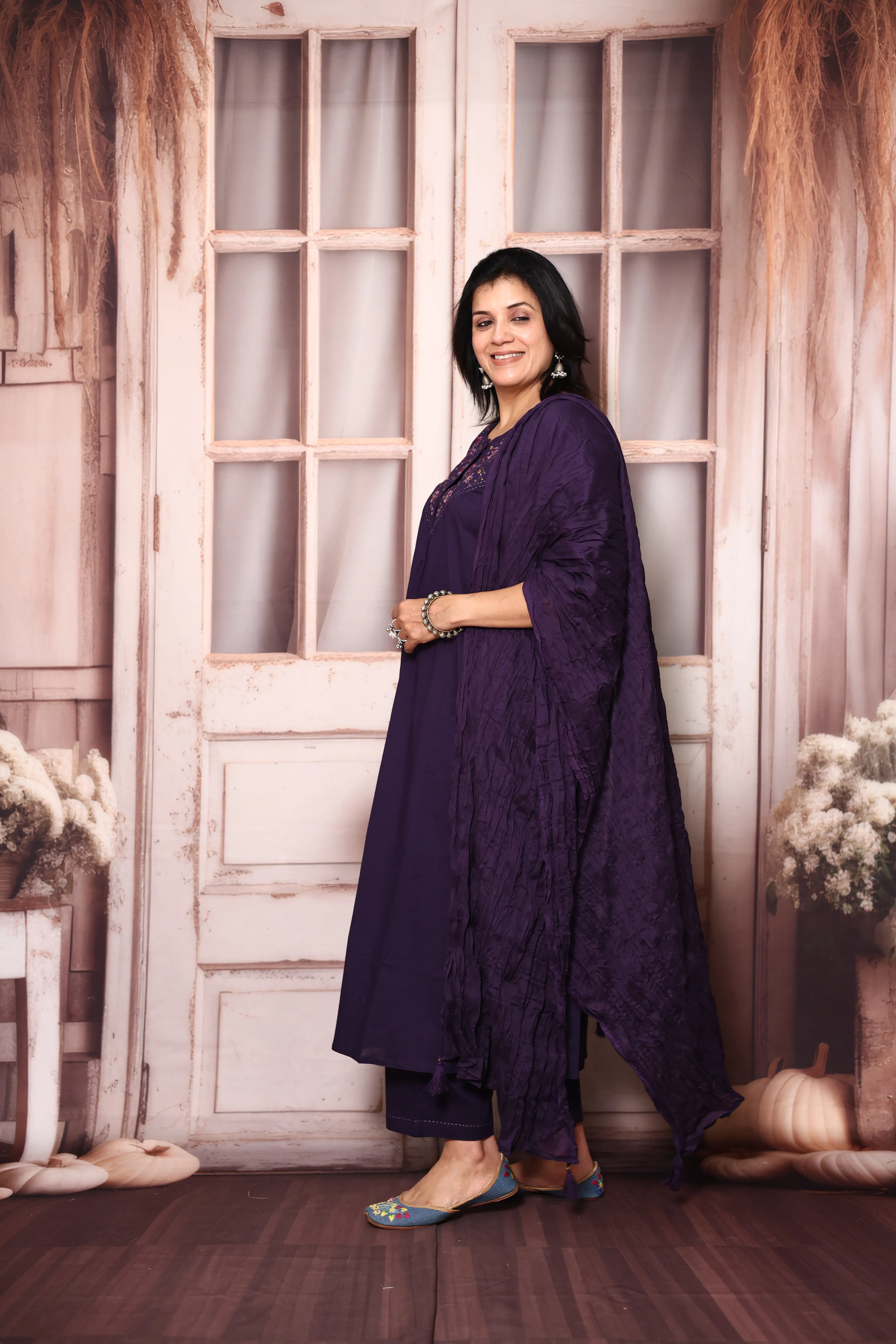 Dark Purple Mul Cotton Dupatta Set with Floral Thread Embroidery |Plus Sizes Available